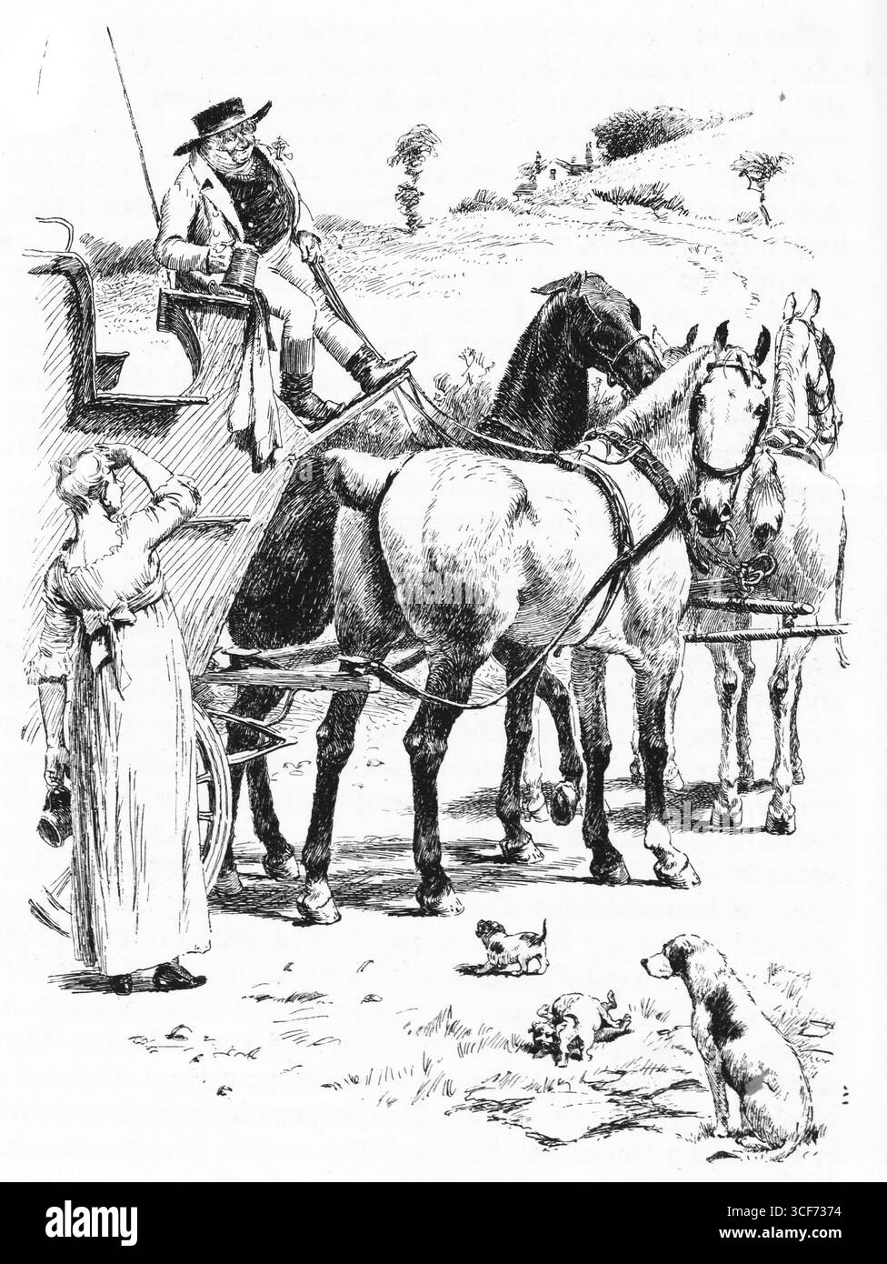 Un cocchiere steaura tre cavalli prima della partenza in campagna, mette in tensione e allerta postura. Una donna con un lungo vestito si trova nelle vicinanze, il suo sguardo si alzò verso di lui. Tre cani attenti attenti attendono in primo piano, mentre le colline ondulate e gli alberi sparsi si allungano dietro. Il momento cattura il ritmo rurale, la compagnia e l'anticipazione del viaggio. Illustrazione pubblicata per la prima volta nel 1888 da Richard Clay e Sons nel libro Coaching Days and Coaching Ways di W. Outram Tristram. Gli illustratori erano Herbert Railton e Hugh Thomson. Foto Stock