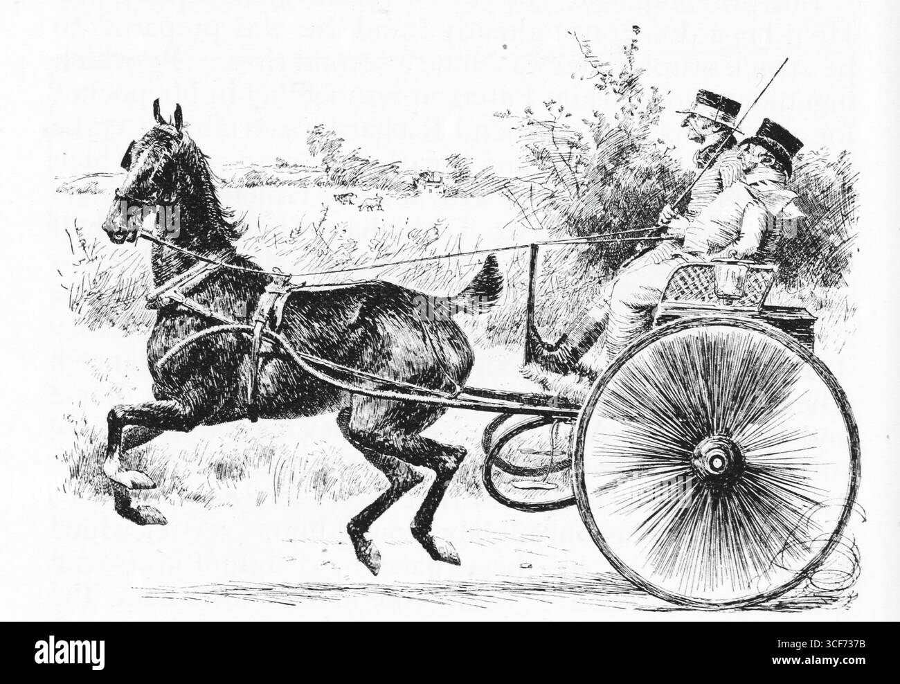 Un solo cavallo tira a tutta velocità un pullman postale a due ruote attraverso la campagna aperta. Due conducenti siedono in posizione eretta, tirano le redini, i cappelli angolati contro il vento. Le linee di movimento intorno alle ruote e alle gambe del cavallo suggeriscono l'urgenza. Vegetazione sparsa e terreno erboso fanno da cornice alla scena, evocando viaggi rurali e la rapida consegna della corrispondenza in un'epoca passata. Illustrazione pubblicata per la prima volta nel 1888 da Richard Clay e Sons nel libro Coaching Days and Coaching Ways di W. Outram Tristram. Gli illustratori erano Herbert Railton e Hugh Thomson. Foto Stock