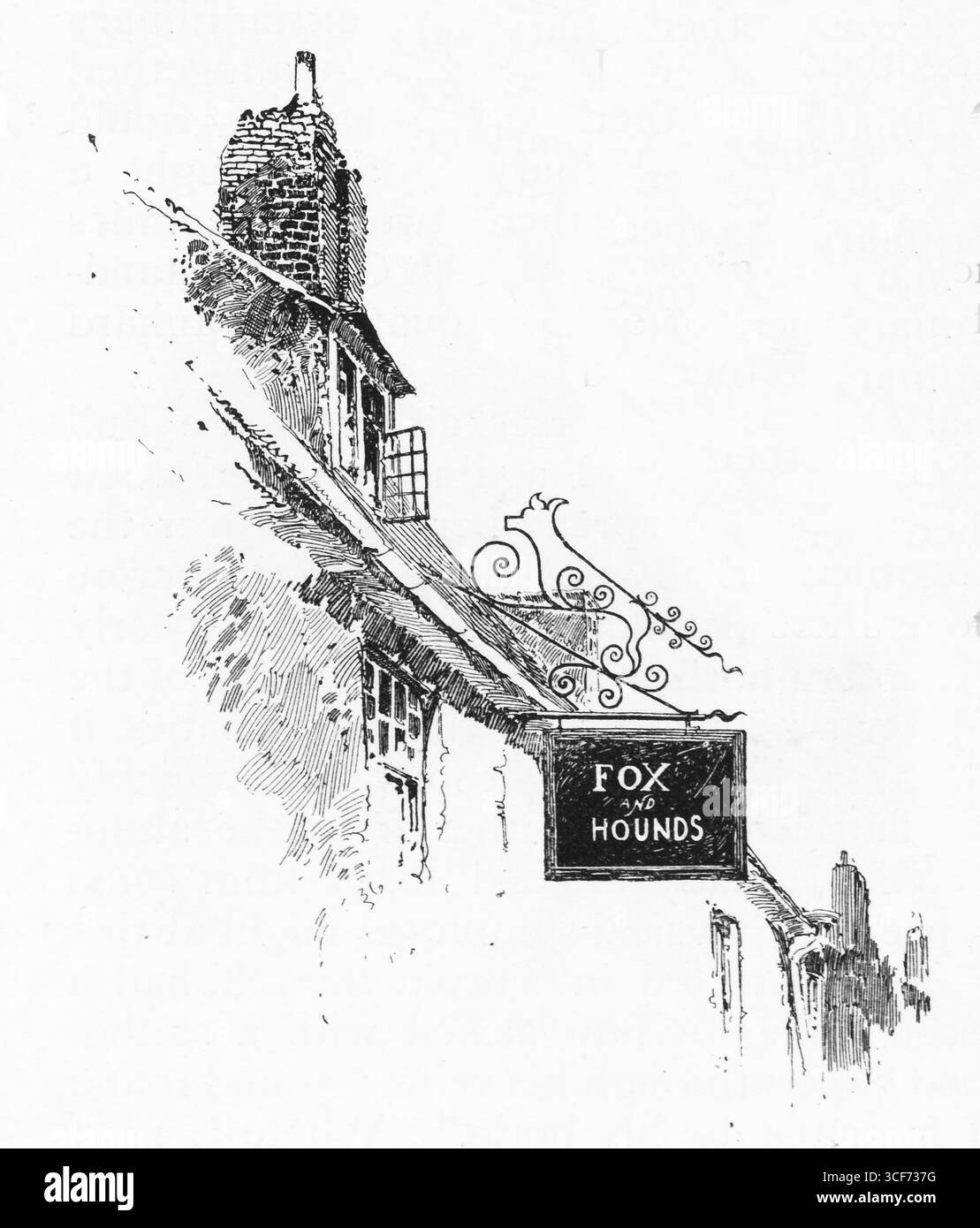 The Fox and Hounds: Una locanda con tetti a capanna e camino si erge tranquillamente sotto una staffa in ferro battuto ornato recante un cartello oscillante. Le finestre rivestono la facciata, suggerendo il calore all'interno. I rotoli e le curve in ferro sono decorativi, ancorando l'edificio nella tradizione rurale. La scena evoca il fascino di Huntingdon e la presenza duratura dell'ospitalità stradale. Illustrazione pubblicata per la prima volta nel 1888 da Richard Clay e Sons nel libro Coaching Days and Coaching Ways di W. Outram Tristram. Gli illustratori erano Herbert Railton e Hugh Thomson. Foto Stock