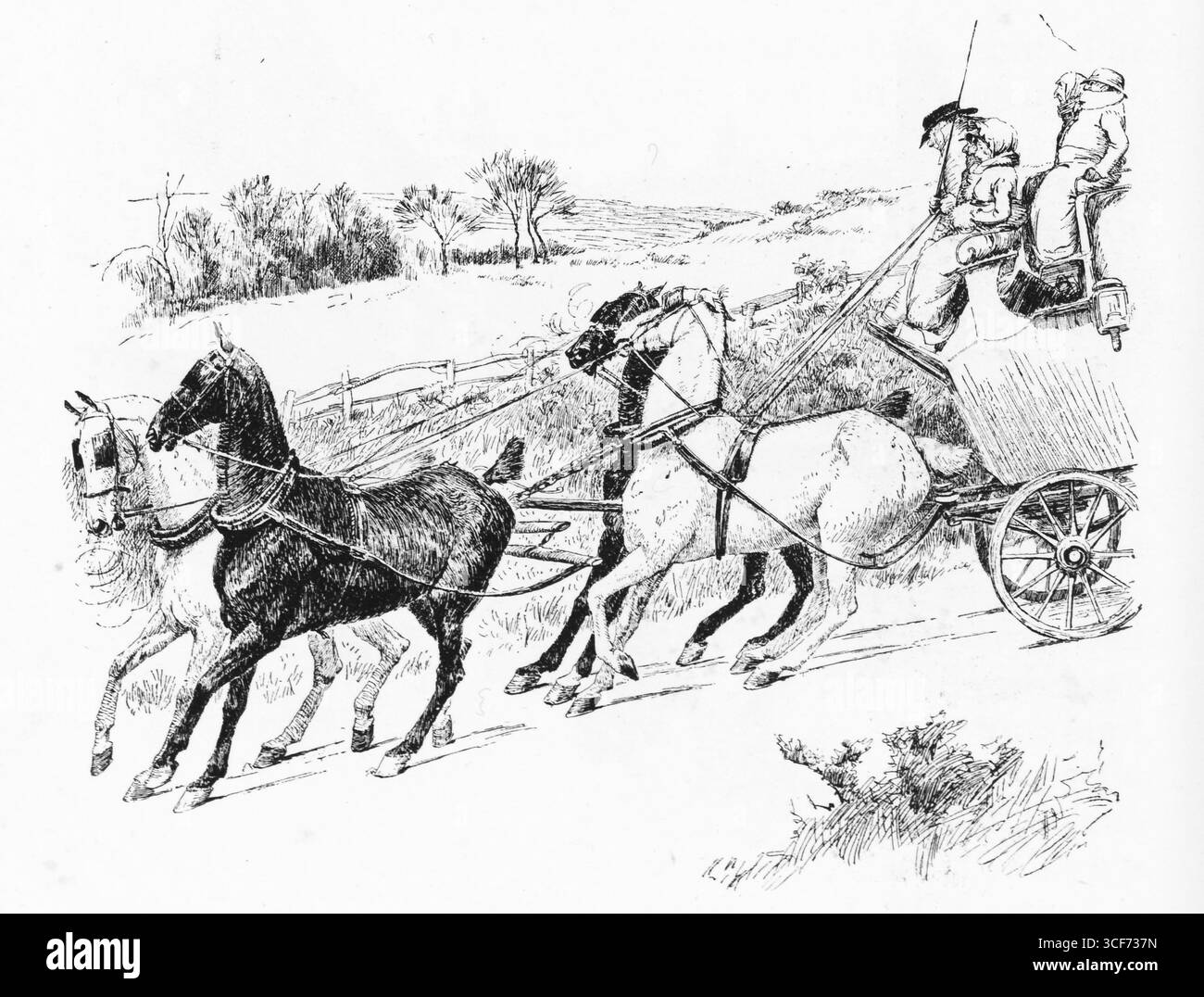 Quattro cavalli scendono su una corsia di campagna, gli zoccoli si sollevano a ritmo serrato. Il carrello si inclina leggermente con la velocità e le ruote incise in movimento. Il gelo si aggrappa ai gergini e ai campi oltre, suggerendo il freddo precoce. Due figure sono alte, tese, guidano la discesa. La scena cattura l'urgenza invernale e l'eleganza dei viaggi rurali. Illustrazione pubblicata per la prima volta nel 1888 da Richard Clay e Sons nel libro Coaching Days and Coaching Ways di W. Outram Tristram. Gli illustratori erano Herbert Railton e Hugh Thomson. Foto Stock