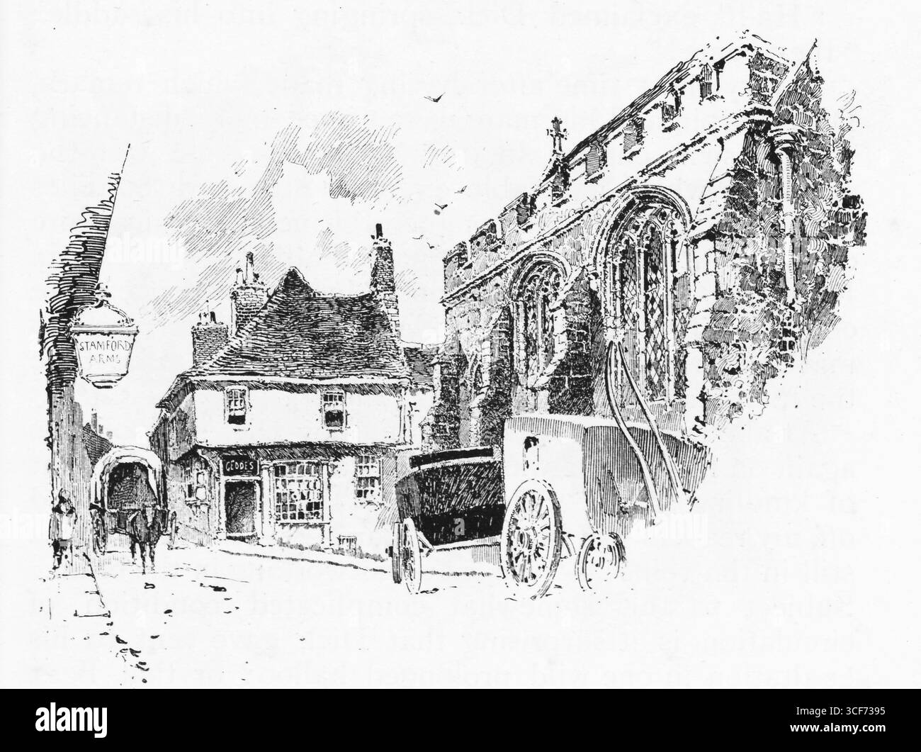 St Mary's: Una chiesa gotica fissa il lato destro di una strada acciottolata, le sue finestre ad arco e i trafori in pietra che si innalzano solennemente. Una carrozza trainata da cavalli ti aspetta nelle vicinanze, mentre gli edifici dal tetto ripido e un cartello sospeso suggeriscono il commercio e la comunità. Le figure passeggiano tranquillamente, incorniciate da camini e ombre. La scena evoca la storia stratificata di Stamford e la silenziosa dignità della presenza ecclesiastica. Illustrazione pubblicata per la prima volta nel 1888 da Richard Clay e Sons nel libro Coaching Days and Coaching Ways di W. Outram Tristram. Gli illustratori erano Herbert Railton e Hugh Thomson. Foto Stock