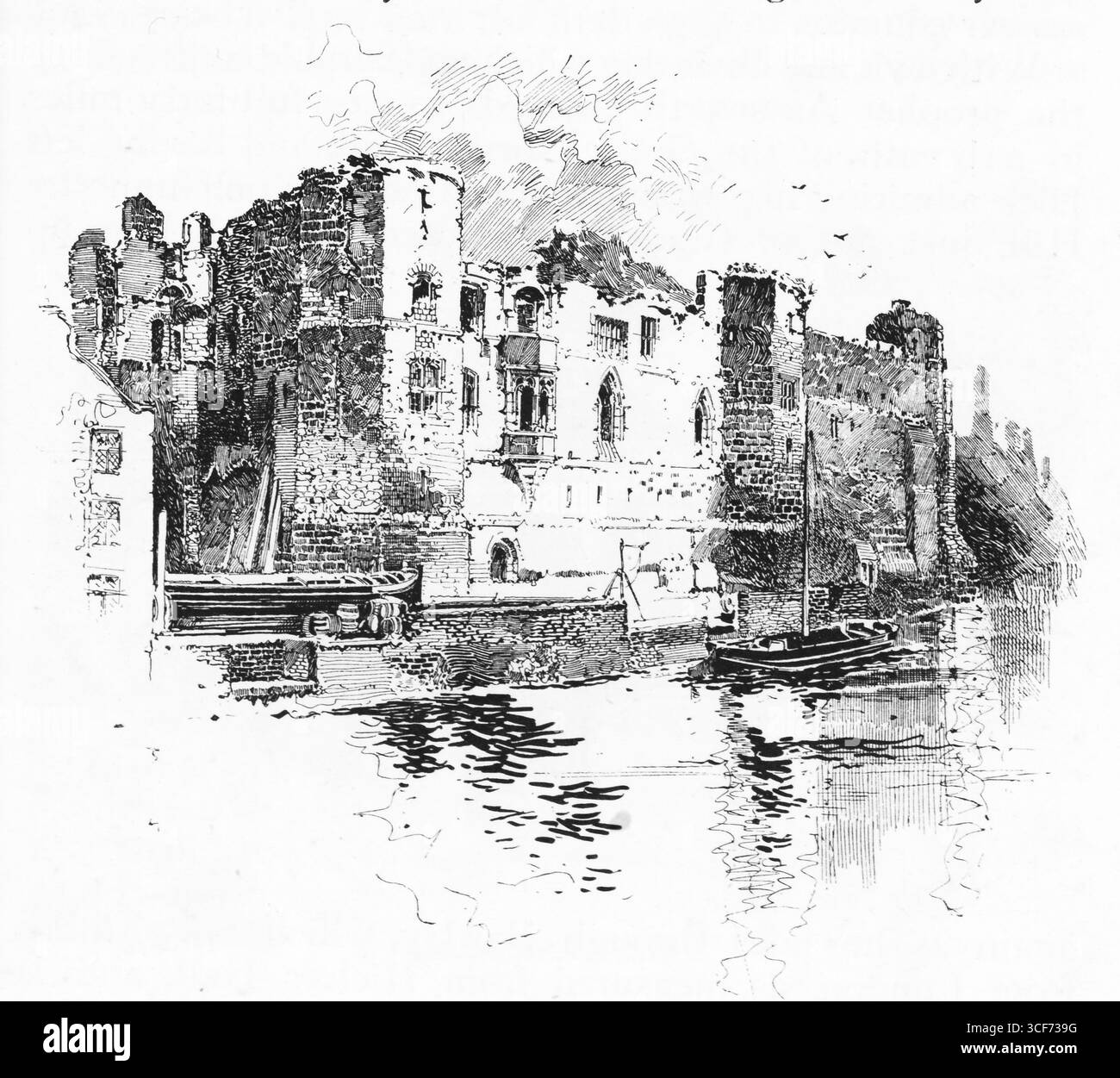 Torri in rovina sorgono accanto a un fiume tranquillo, i loro riflessi scintillano nell'acqua ferma. Le mura di pietra del Castello di Newark suggeriscono secoli di vigilanza. Le barche riposano sulla riva, una con una vela, altre ormeggiate, suggerendo un traffico delicato. La scena fonde la forza d'animo medievale con un tranquillo ritmo marittimo, catturando un momento di presenza duratura e di morbido decadimento. Illustrazione pubblicata per la prima volta nel 1888 da Richard Clay e Sons nel libro Coaching Days and Coaching Ways di W. Outram Tristram. Gli illustratori erano Herbert Railton e Hugh Thomson. Foto Stock