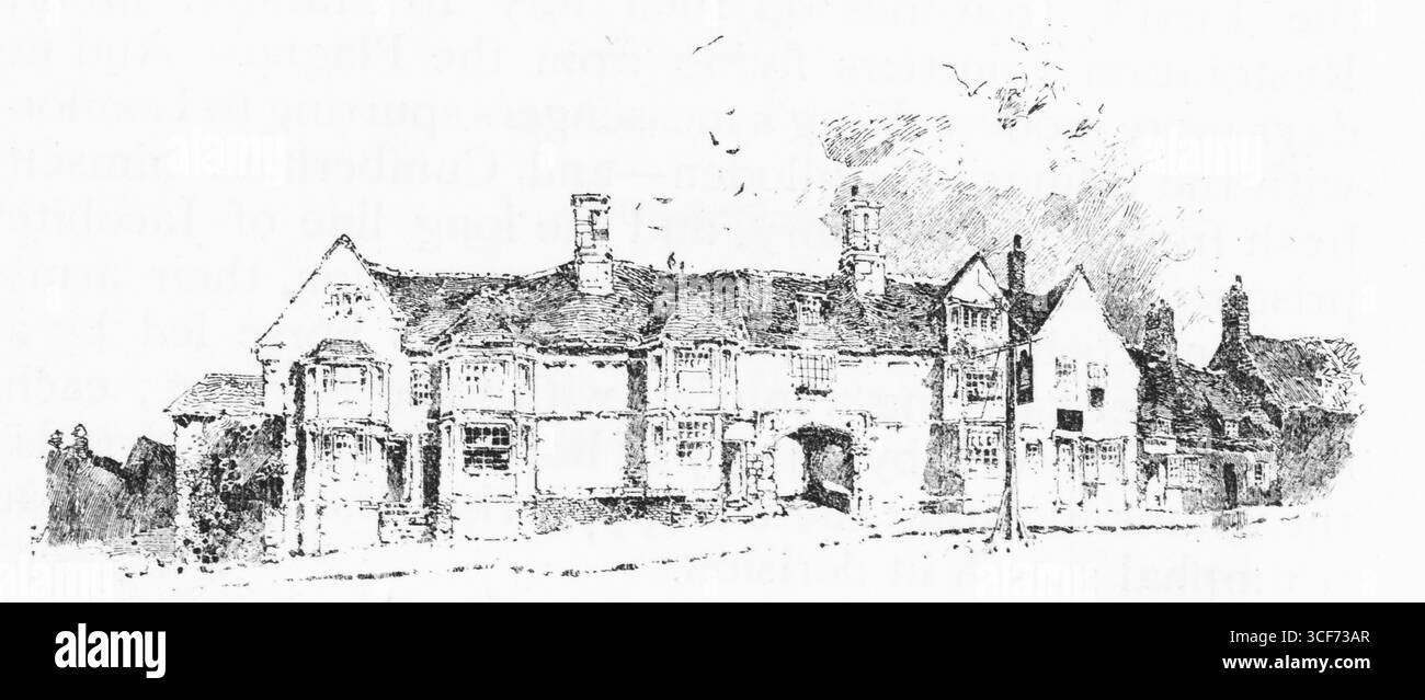 Il Bell Inn, Stilton, Cambridgeshire, sorge lungo una strada dolcemente in pendenza, con i suoi tetti spioventi e camini raggruppati che segnano una fila di edifici storici dell'epoca della carrozza. Caratterizzato da linee morbide ed espressive, lo schizzo in bianco e nero evoca il fascino del XVIII secolo. Non appaiono cartelli o figure, solo quietude architettonica, che suggeriscono una pausa senza tempo in un villaggio un tempo frenetico noto per la sua ospitalità. Illustrazione pubblicata per la prima volta nel 1888 da Richard Clay e Sons nel libro Coaching Days and Coaching Ways di W. Outram Tristram. Gli illustratori erano Herbert Railton e Hugh Thomson. Foto Stock