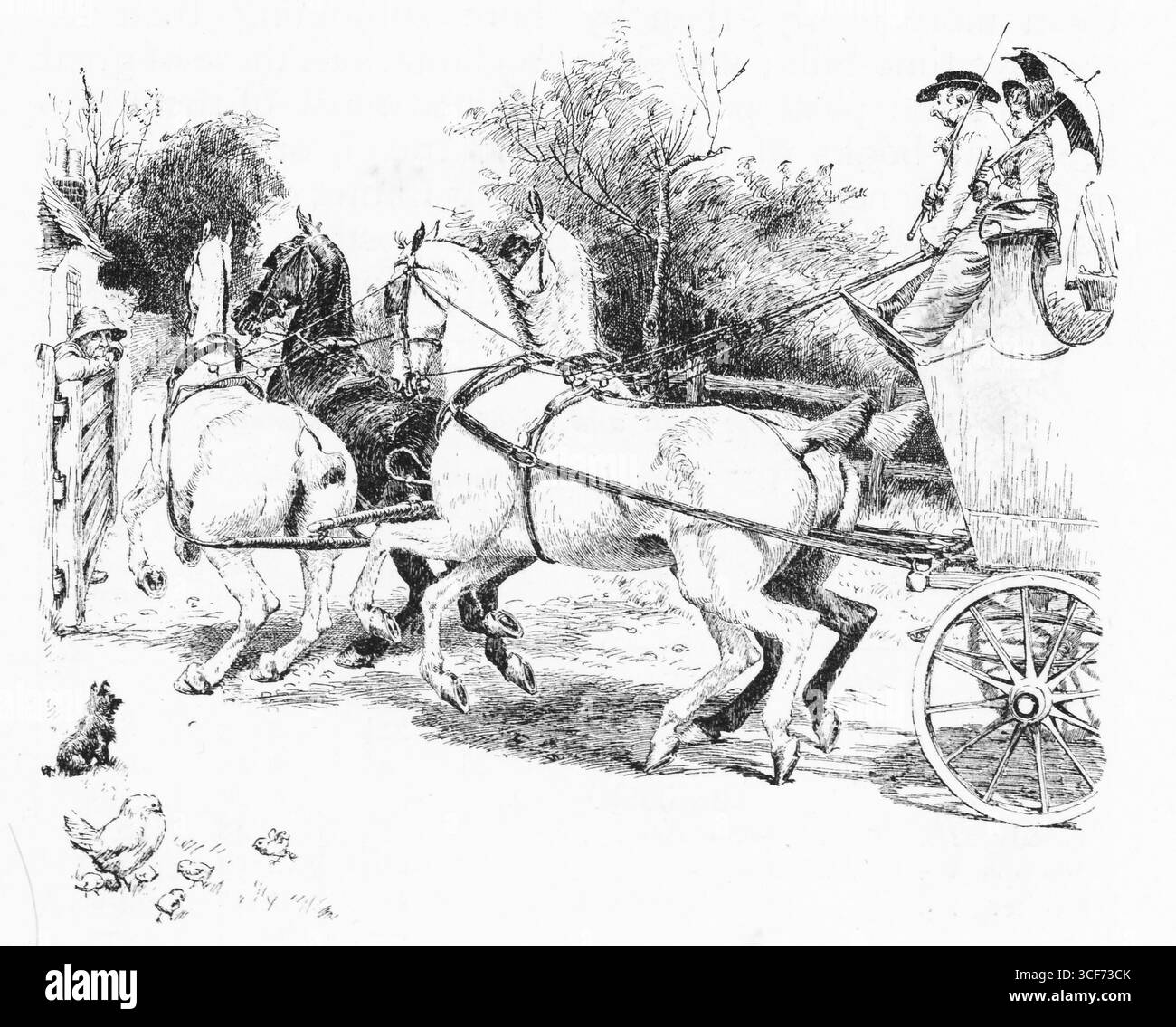 Due cavalli portano un pullman oltre un casello rurale, dove i passeggeri seduti, uno ombreggiato da un ombrello, scivolano lungo un sentiero sterrato. Un cane e un pollo rimangono in primo piano, mentre figure e un altro cavallo si riuniscono vicino a una struttura rustica. Gli alberi incorniciano la scena con linee espressive in bianco e nero che catturano il ritmo dei viaggi in campagna. Illustrazione pubblicata per la prima volta nel 1888 da Richard Clay e Sons nel libro Coaching Days and Coaching Ways di W. Outram Tristram. Gli illustratori erano Herbert Railton e Hugh Thomson. Foto Stock