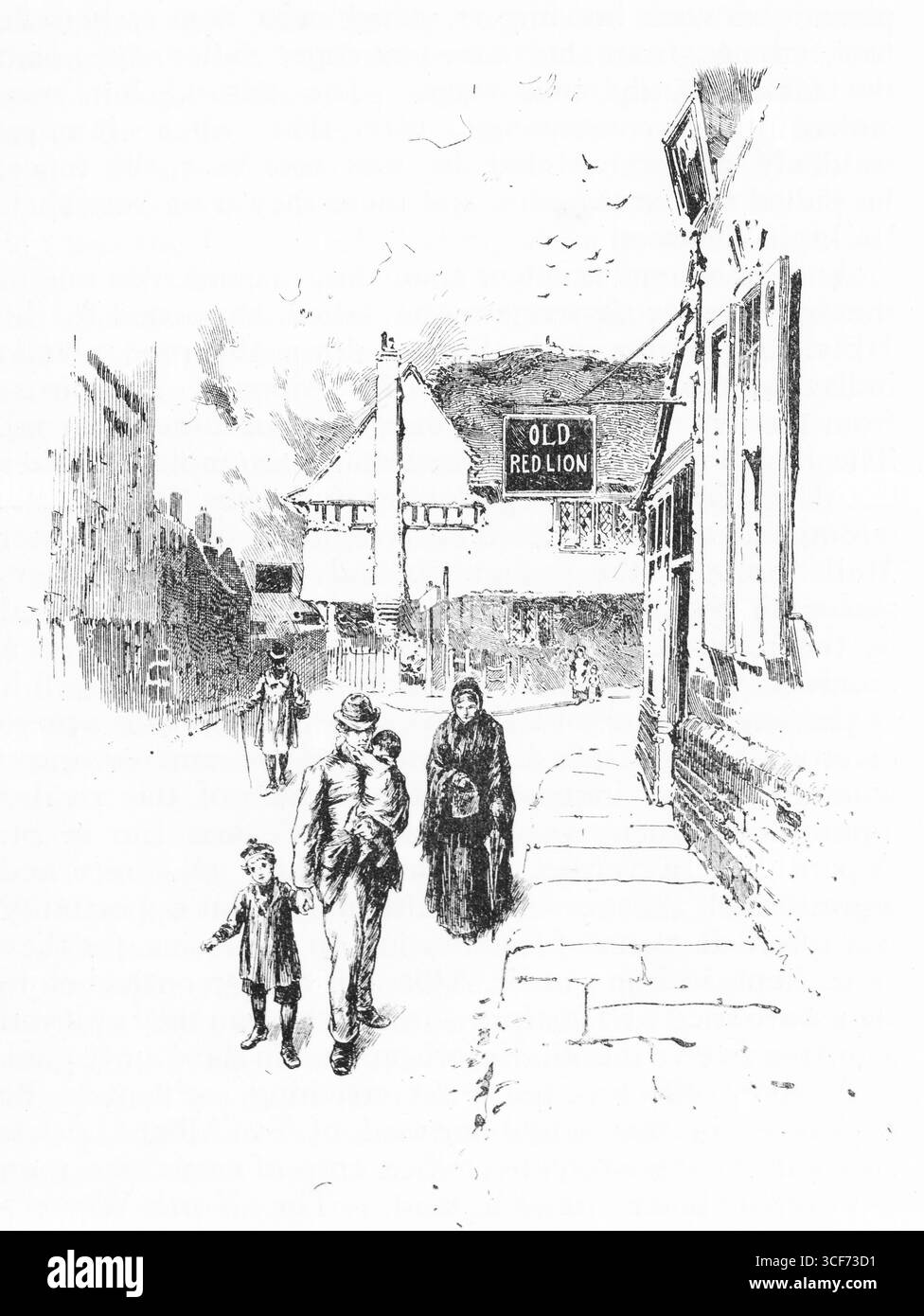 In una strada trafficata di St. Albans, il George e l'Old Red Lion sono locande vicine. Gli adulti con cappotti lunghi e abiti camminano con i bambini lungo il marciapiede, uno cullato tra le braccia. La segnaletica d'epoca e i camini a grappolo incorniciano la scena, con linee in bianco e nero espressive che evocano calore, movimento e continuità storica. Illustrazione pubblicata per la prima volta nel 1888 da Richard Clay e Sons nel libro Coaching Days and Coaching Ways di W. Outram Tristram. Gli illustratori erano Herbert Railton e Hugh Thomson. Foto Stock