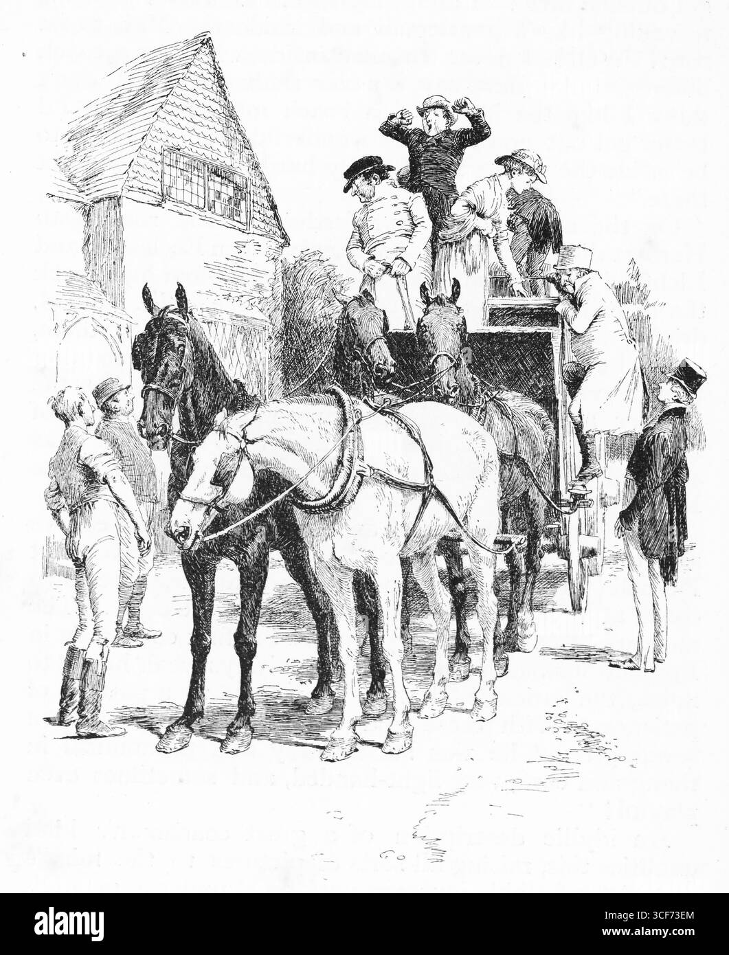 Un pullman arriva alla fine del viaggio: Quattro cavalli sono imbrigliati, il vapore sale in uno sforzo tranquillo. Le figure si riuniscono intorno al carrello, una in cima con le mani a testa in stanchezza o sollievo. Il ripido edificio dal tetto alle spalle incornicia la scena nella quiete storica. Con rendering in bianco e nero, lo schizzo cattura la pausa finale del viaggio e dell'arrivo in comune. Illustrazione pubblicata per la prima volta nel 1888 da Richard Clay e Sons nel libro Coaching Days and Coaching Ways di W. Outram Tristram. Gli illustratori erano Herbert Railton e Hugh Thomson. Foto Stock