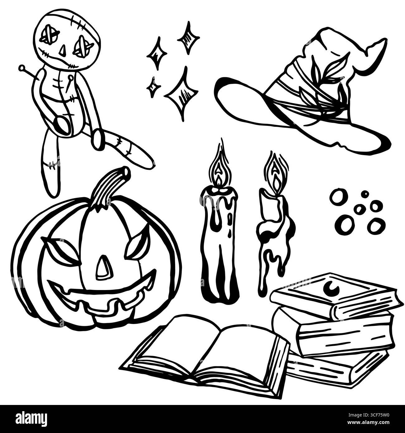 Set di elementi di base per Halloween. Icone vettoriali lineari senza sfondo. Foto Stock