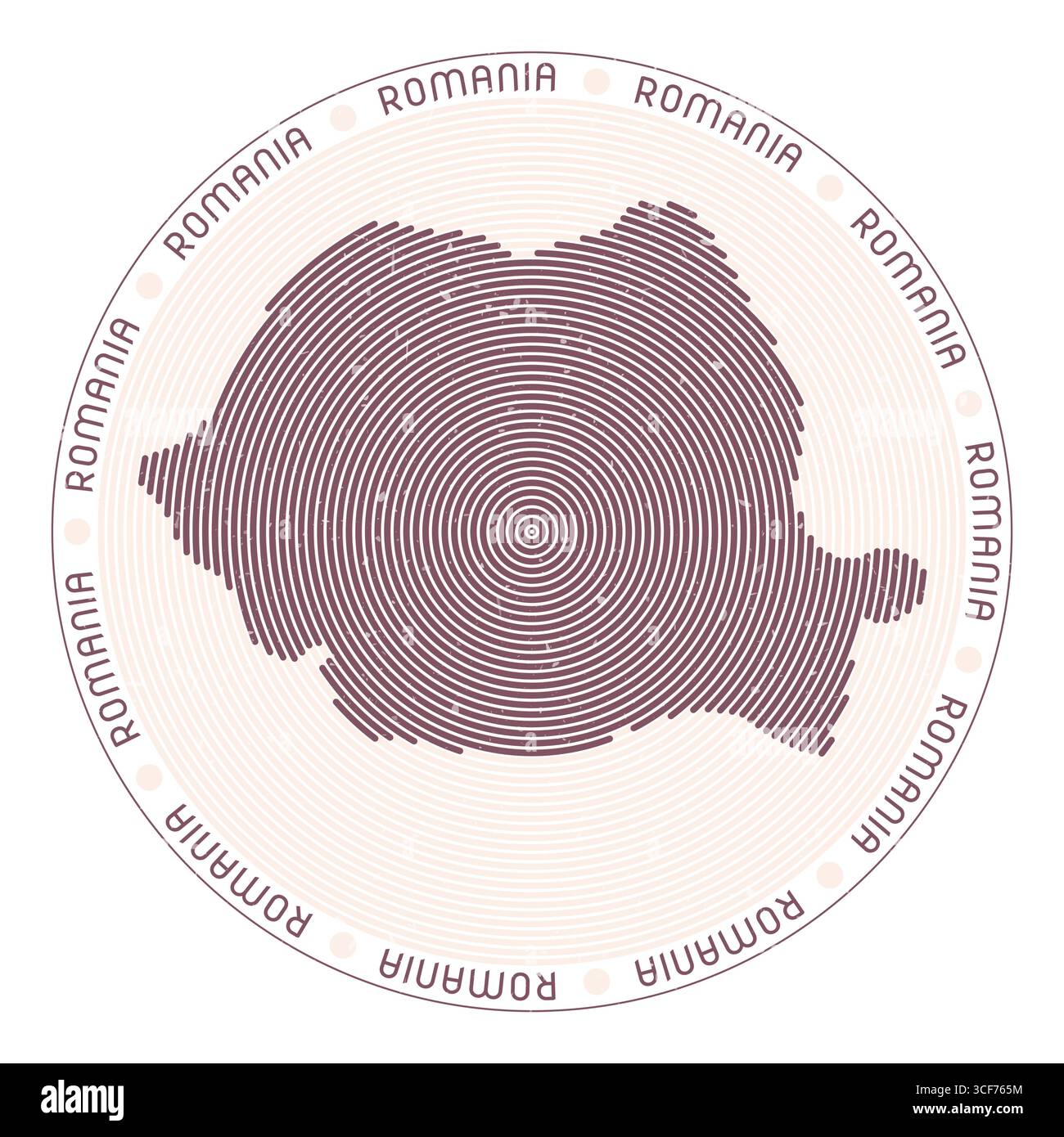 Archi radiali a forma di Romania. Icona Country round. Poster con logo Romania. Illustrazione del vettore radiante. Illustrazione Vettoriale