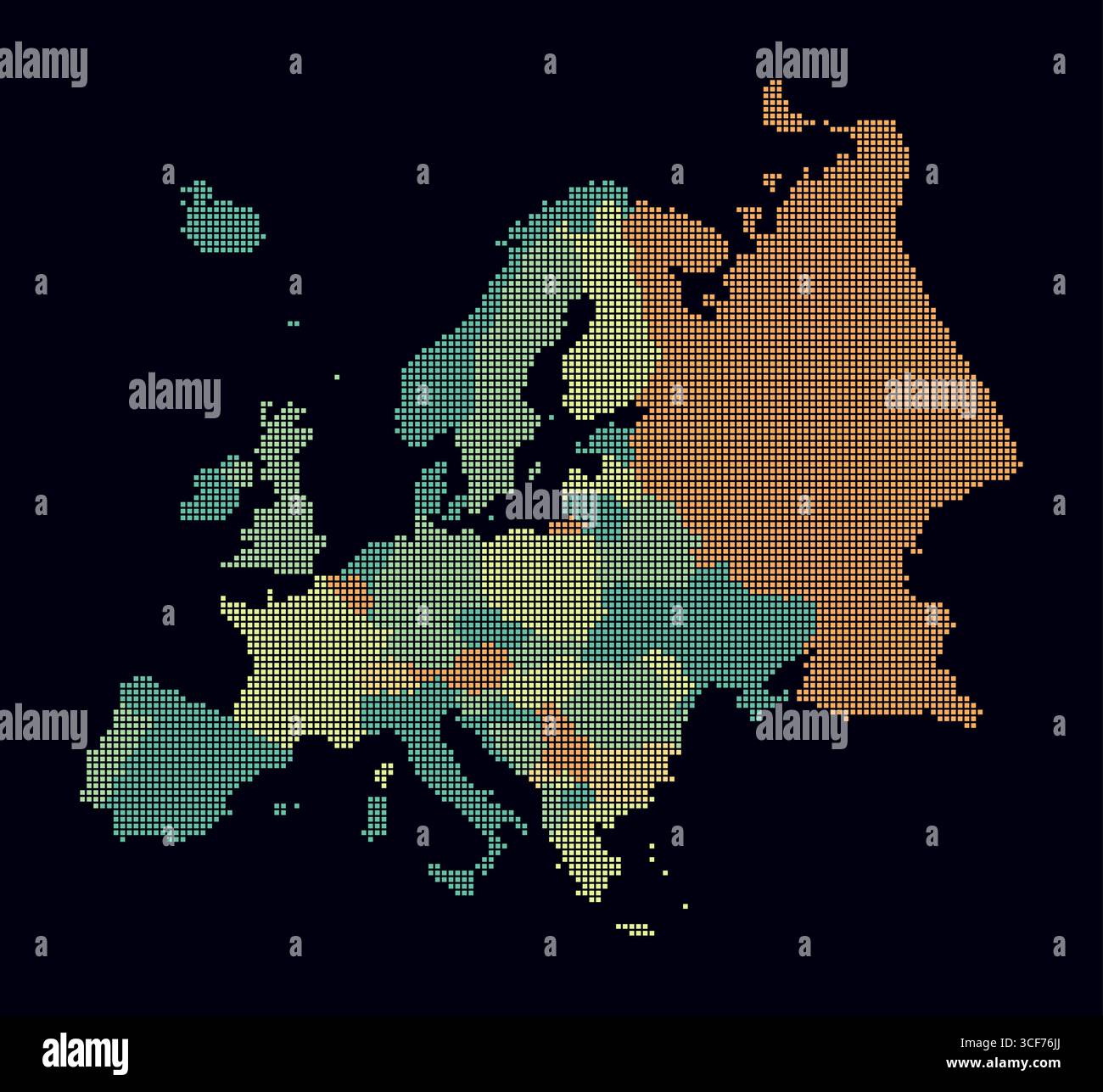 Mappa tratteggiata dell'Europa. Mappa digitale del continente su sfondo scuro. Forma europea con punti quadrati. Stile puntini colorati. Quadrati di piccole dimensioni. Illustrazione Vettoriale