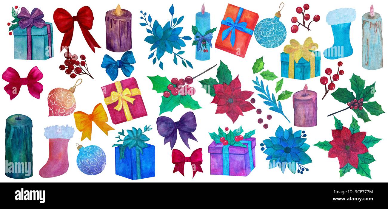 Natale, clipart di Capodanno, set con regali, candele, calze, poinsettia, giocattoli, bacche rosse, decorazioni. Acquerello Foto Stock