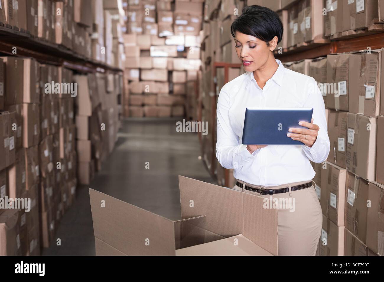 Donna adulta ispanica matura che tiene in mano un tablet e legge l'etichetta della scatola nel magazzino gestendo l'inventario Foto Stock