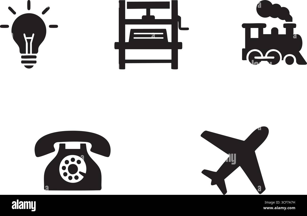 Simboli ad alto contrasto che mostrano una lampadina di un'idea una panchina di parco una piccola locomotiva un telefono rotante e un aereo in partenza. Illustrazione Vettoriale
