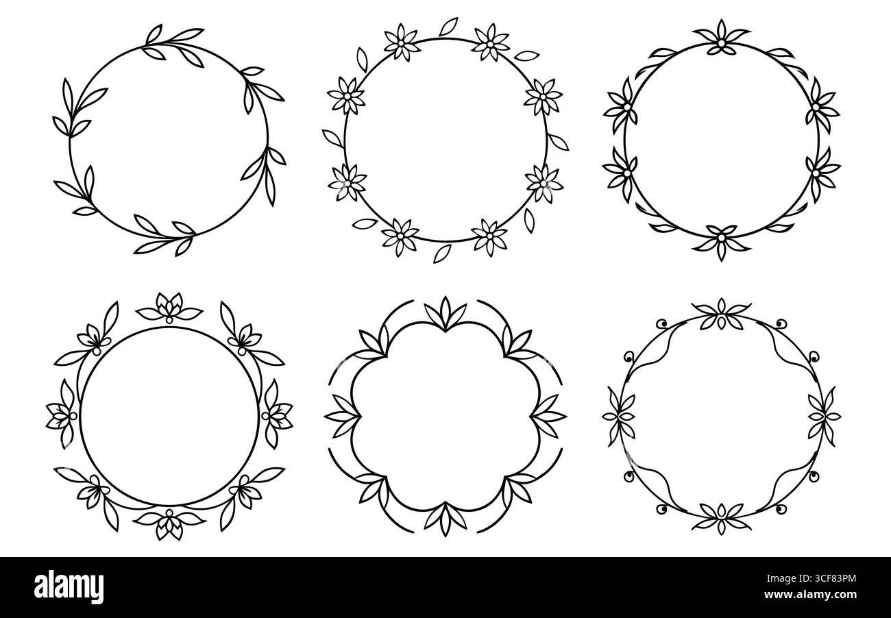 Illustrazione vettoriale di una serie di corone floreali disegnate a mano Illustrazione Vettoriale