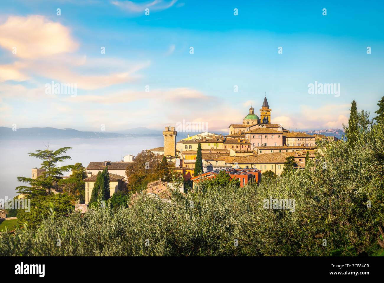 Pittoresco villaggio di Trevi e ulivi in una mattinata nebbiosa. Provincia di Perugia, regione Umbria, Italia, Europa Foto Stock