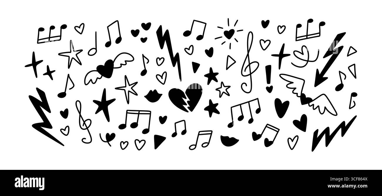 Musica punk rock con sfondo doodle disegnato a mano. Disegnare pennarelli, divertenti adesivi stravaganti, tatuaggi, elementi di design Crayon Scribble. Illustrazione vettoriale grunge Illustrazione Vettoriale