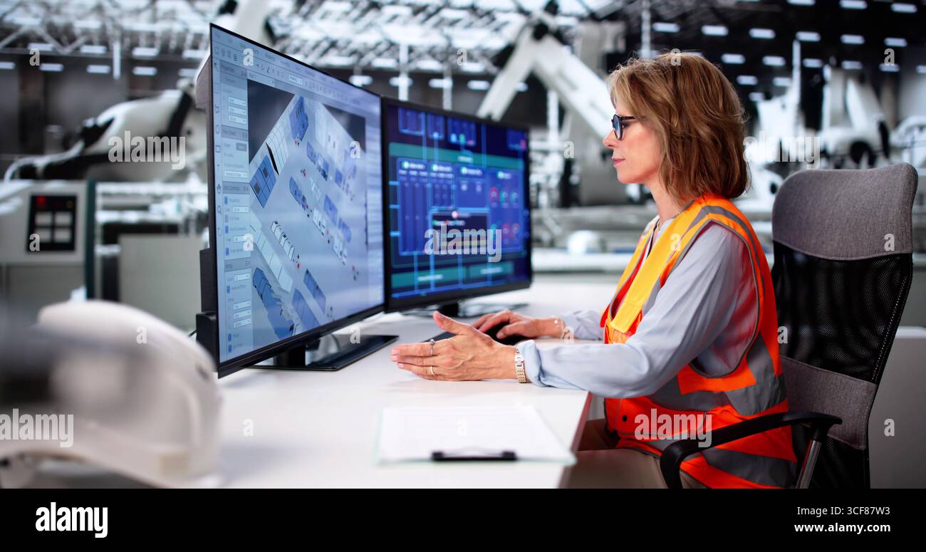 Donna anziana che utilizza il software CAD per progettare impianti industriali 3D. Foto Stock