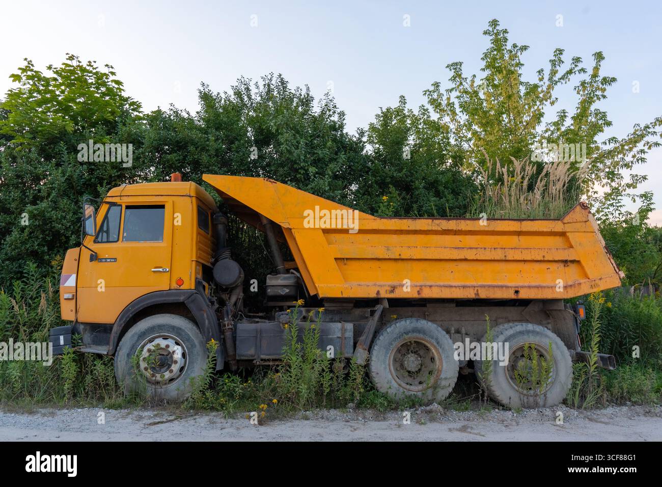 Vecchio camion giallo parcheggiato in un'area ricoperta di erba selvatica e alberi sotto il cielo limpido. Concetto di attrezzature industriali abbandonate, decadimento rurale e n Foto Stock