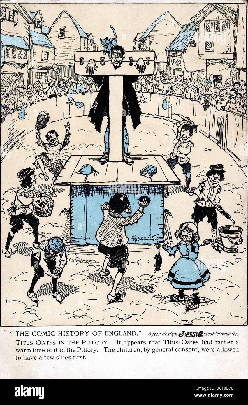 Pubblicata nel 1903 da Raphael Tuck & Sons come parte della loro serie di storia del fumetto, questa cartolina illustrata raffigura Titus Oates che sopporta la punizione pubblica nella gogna. Circondato da bambini luccicanti e da gente cittadina gioiosa, la scena esagera il caos e le prese in giro con un tocco espressivo e cartoni animati. Oates, famigerato per aver fabbricato il Plot Popish, è reso sia come cattivo che come spettacolo. La vivace piazza della città, i gesti teatrali e le didascalie umoristiche riflettono il fascino edoardiano per la satira storica e la stima morale attraverso la narrazione visiva. Foto Stock