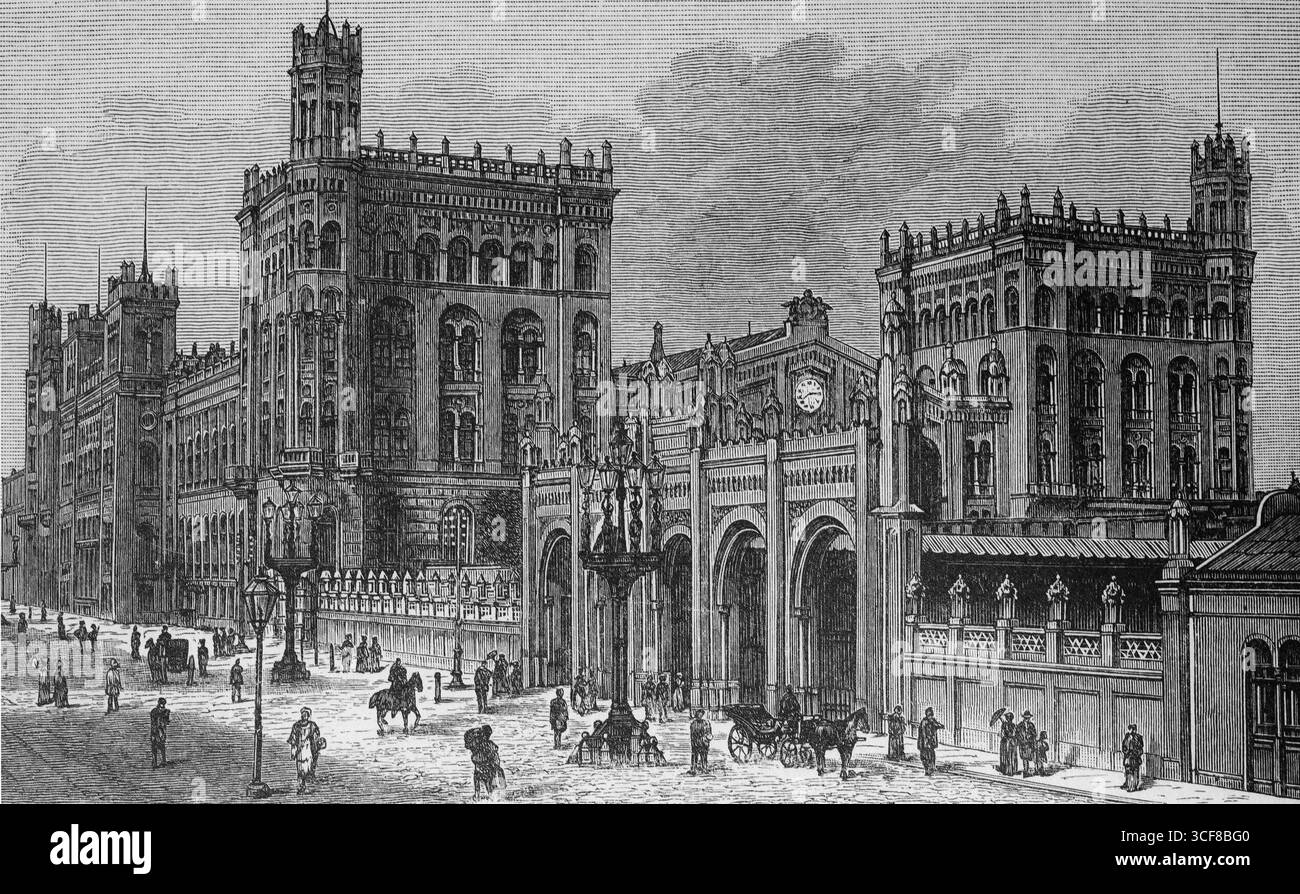 Kaiser-Franz-Josef-Nordbahnhof Vienna, vista storica intorno al 1900, incisione in acciaio, illustrazione di libri, enciclopedia Brockhaus del 1908, Germania Foto Stock