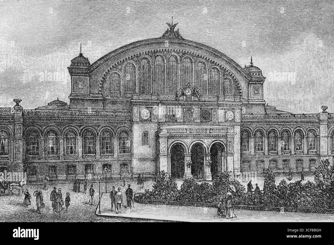 Anhalter Bahnhof Berlin, vista storica intorno al 1900, incisione in acciaio, illustrazione di libri, enciclopedia Brockhaus del 1908, Germania Foto Stock