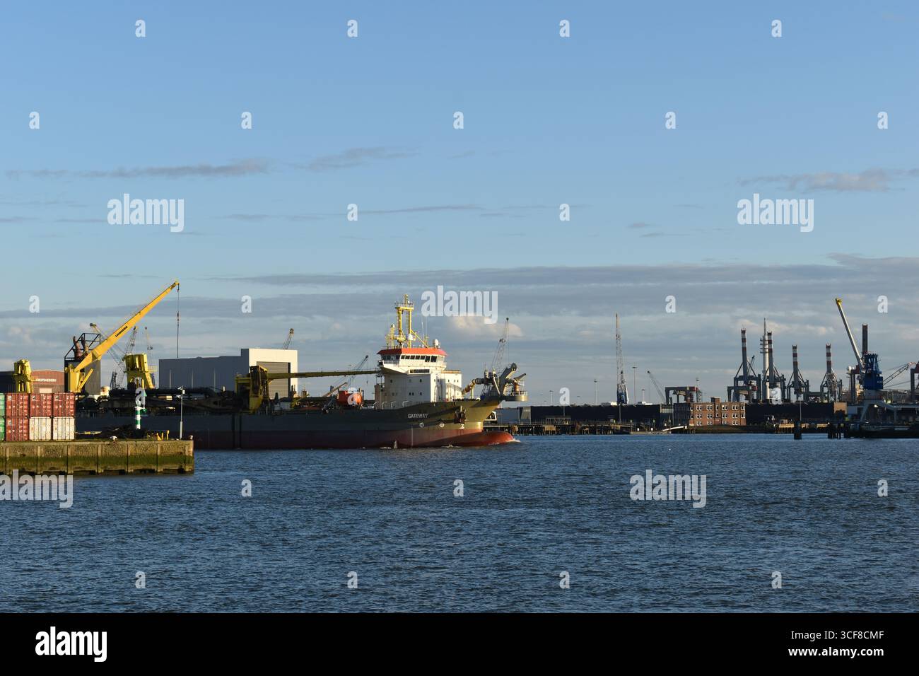 Nave da carico e gru in un porto industriale, vista dall'altra parte dell'acqua. Foto Stock