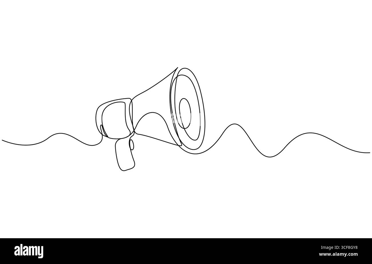Una mano con megafono. La persona tiene l'altoparlante in stile a linee continue. Simbolo di vendita, assunzione o annuncio di un evento Illustrazione Vettoriale