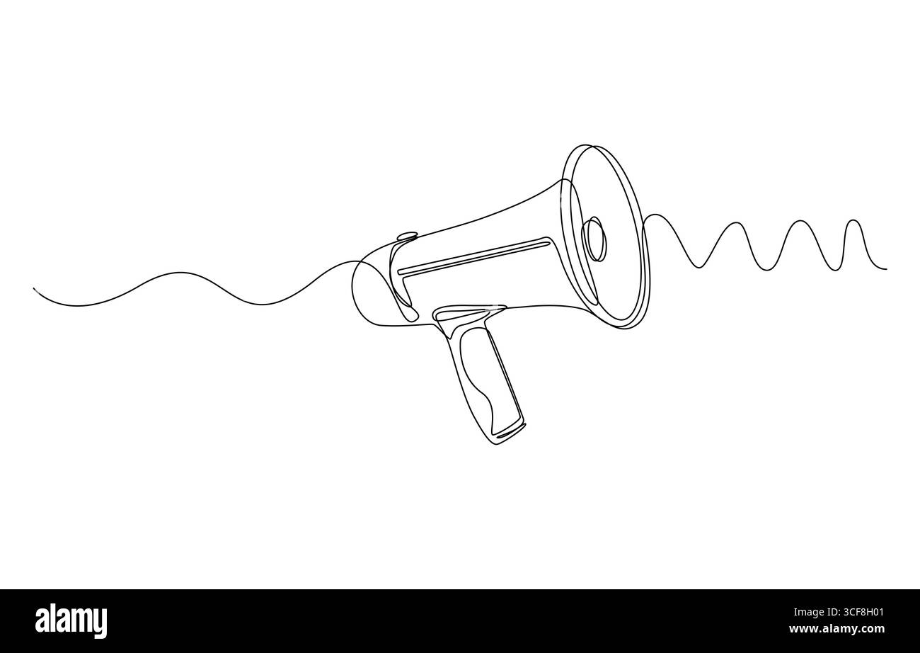 Una mano con megafono. La persona tiene l'altoparlante in stile a linee continue. Simbolo di vendita, assunzione o annuncio di un evento Illustrazione Vettoriale