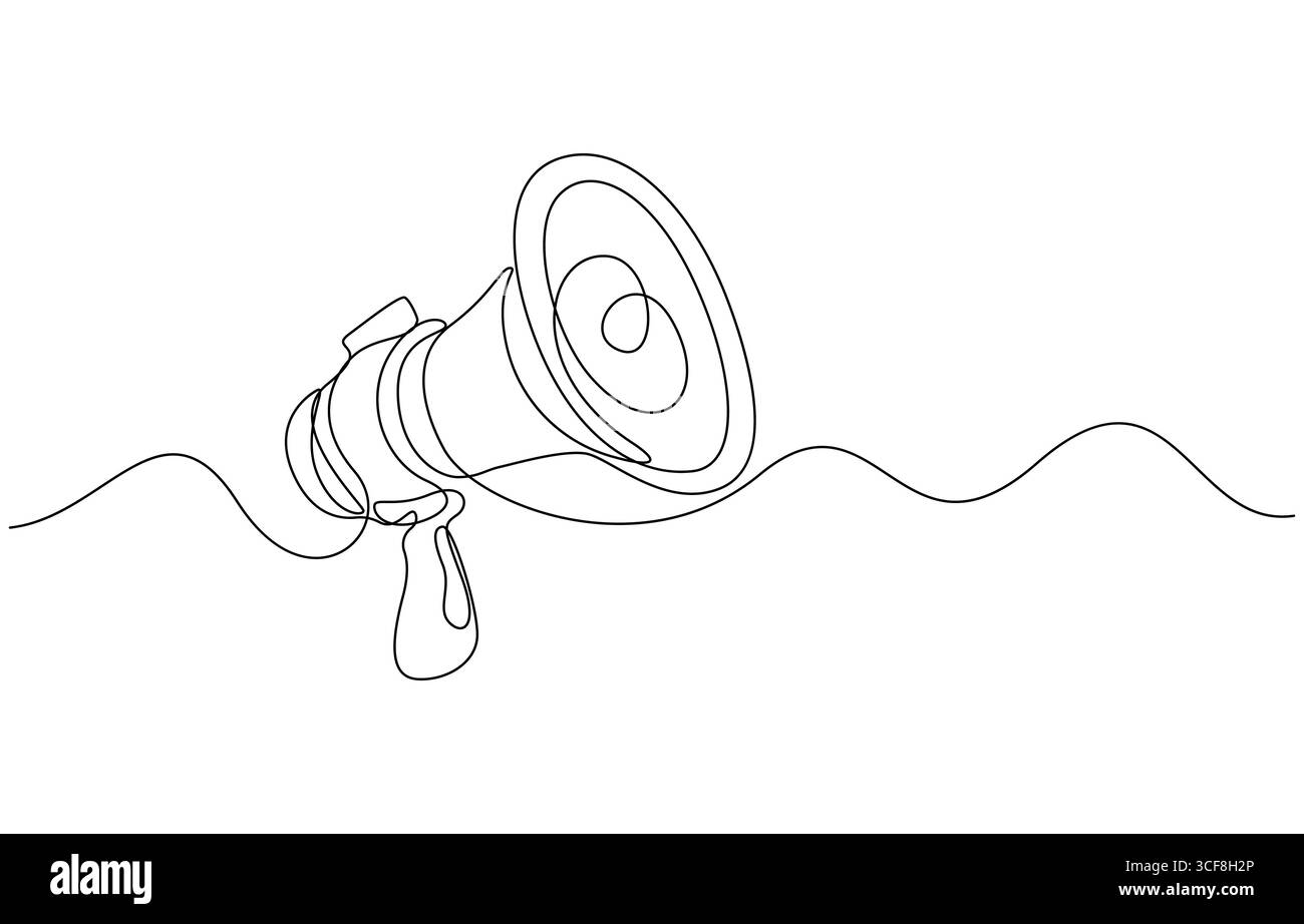 Una mano con megafono. La persona tiene l'altoparlante in stile a linee continue. Simbolo di vendita, assunzione o annuncio di un evento Illustrazione Vettoriale
