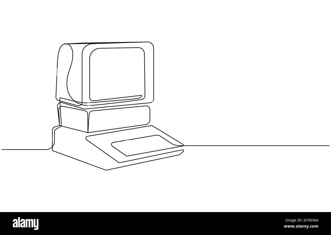 Vecchio computer, disegno grafico continuo su una linea, vecchio computer classico seduto su una scrivania art deco retro. Retro computer Continuous Line Art Illustrazione Vettoriale