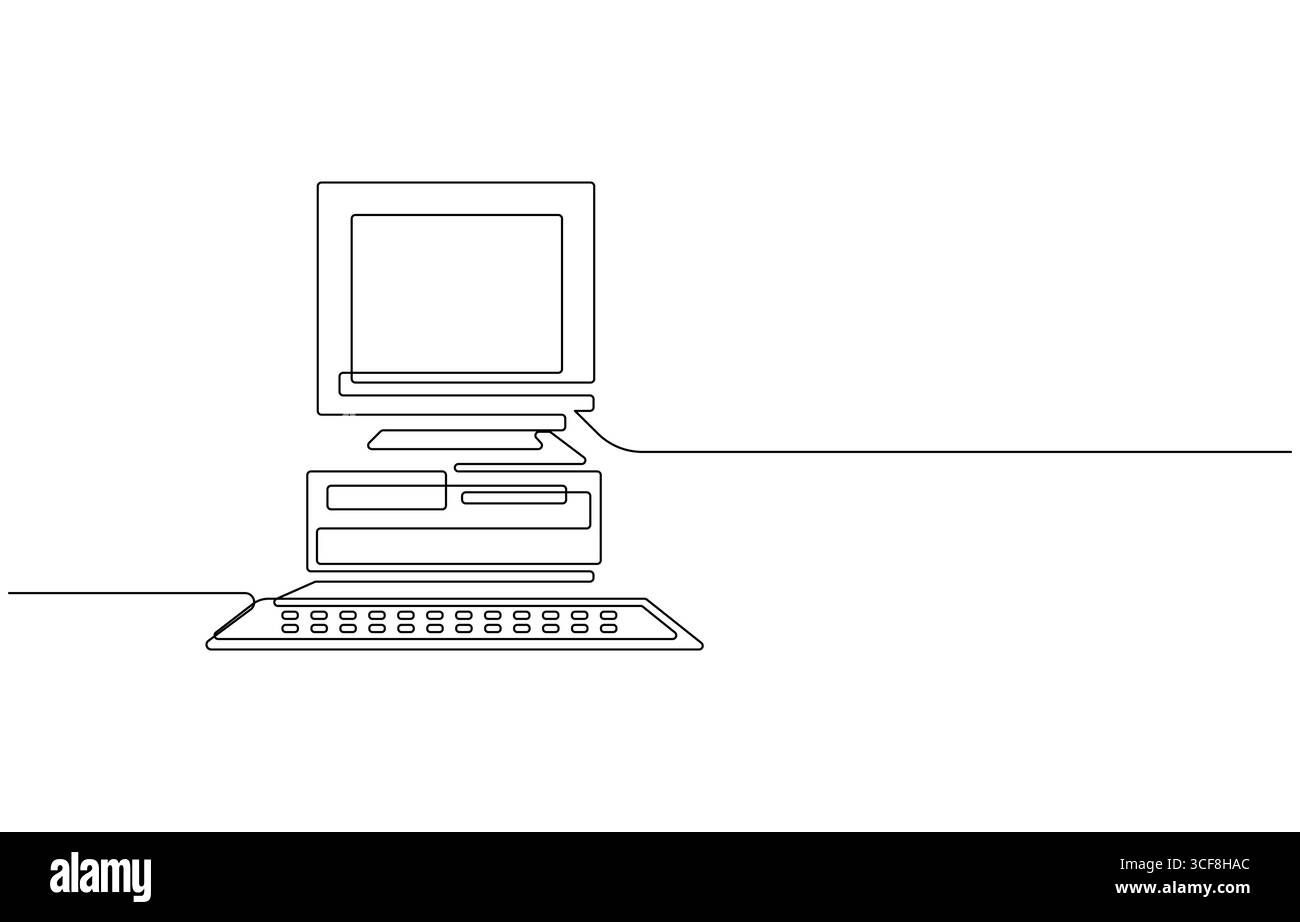 Vecchio computer, disegno grafico continuo su una linea, vecchio computer classico seduto su una scrivania art deco retro. Retro computer Continuous Line Art Illustrazione Vettoriale
