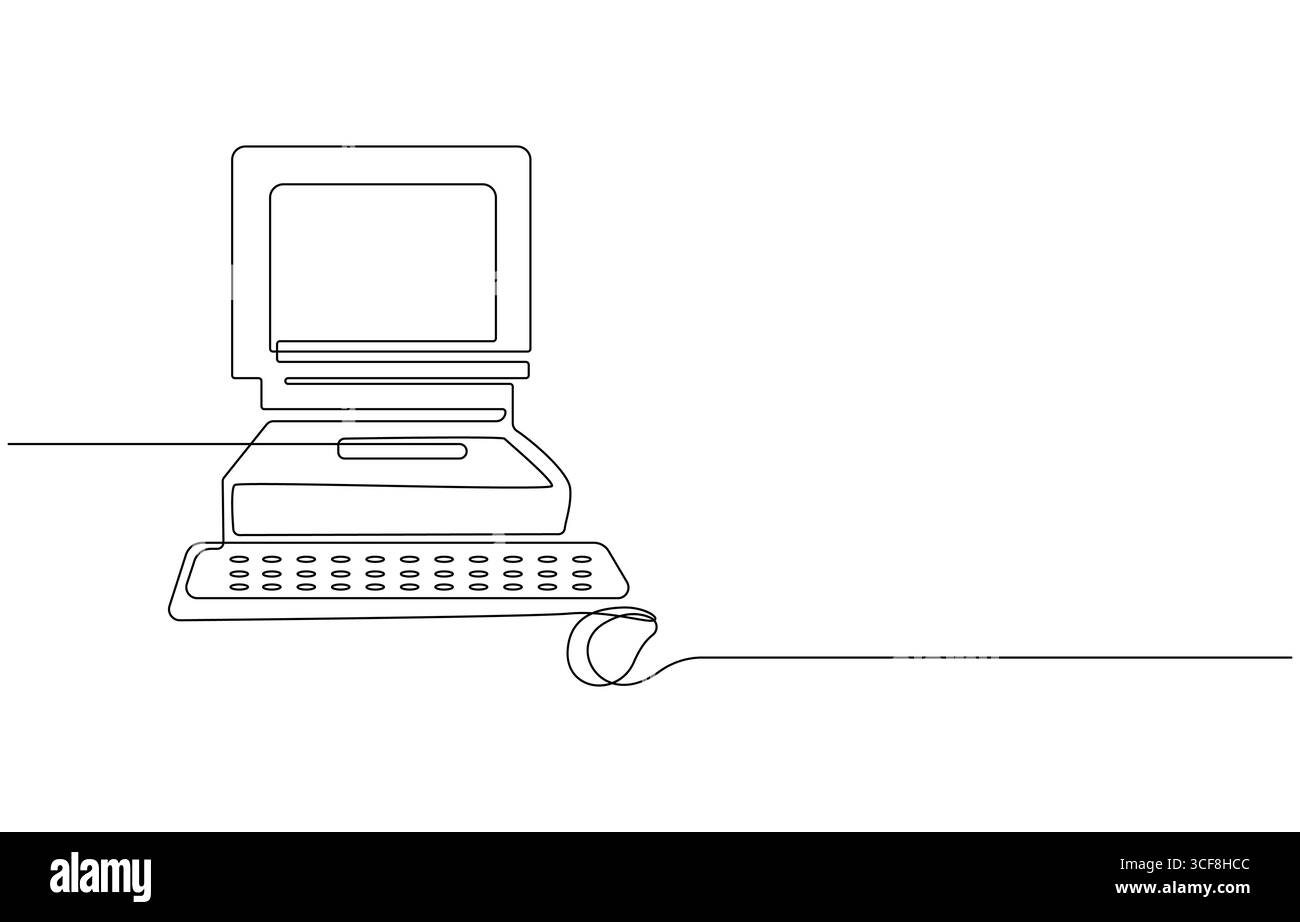 Vecchio computer, disegno grafico continuo su una linea, vecchio computer classico seduto su una scrivania art deco retro. Retro computer Continuous Line Art Illustrazione Vettoriale