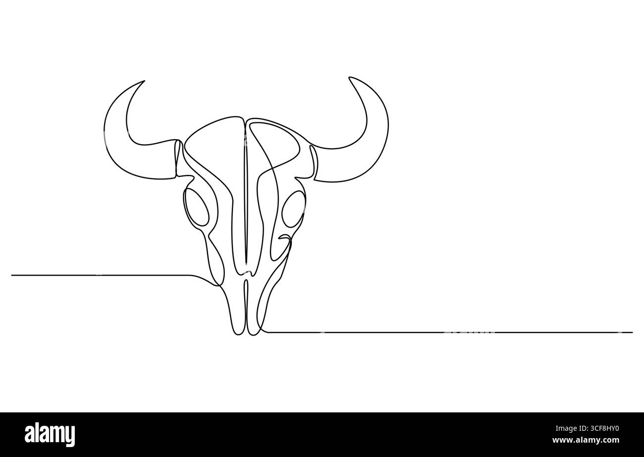 Teschio di mucca a una linea continua. Arte della linea del cranio degli animali, teschio della fauna selvatica a linea singola, arte della linea del cranio dei toro Illustrazione Vettoriale