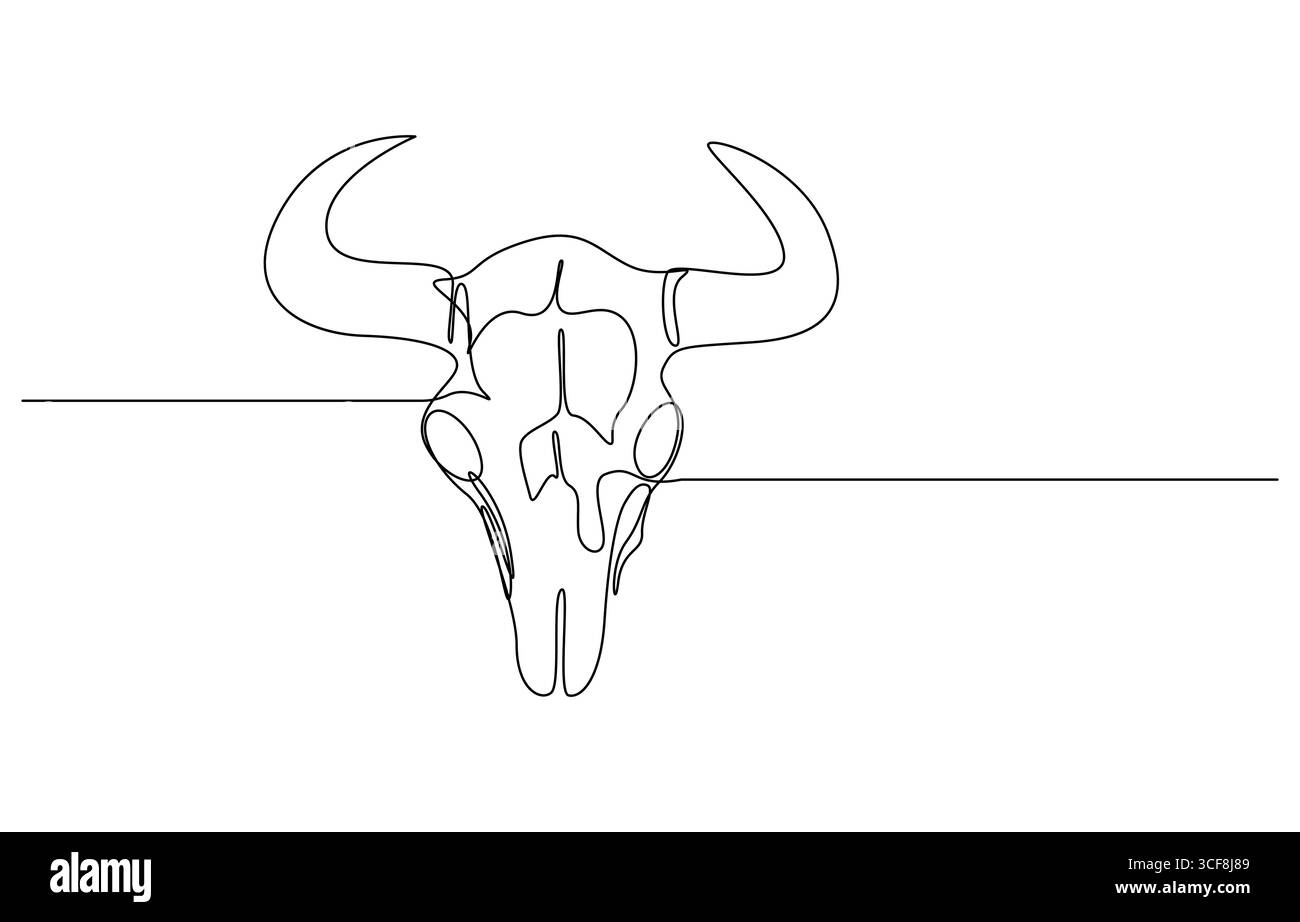 Teschio di mucca a una linea continua. Arte della linea del cranio degli animali, teschio della fauna selvatica a linea singola, arte della linea del cranio dei toro Illustrazione Vettoriale