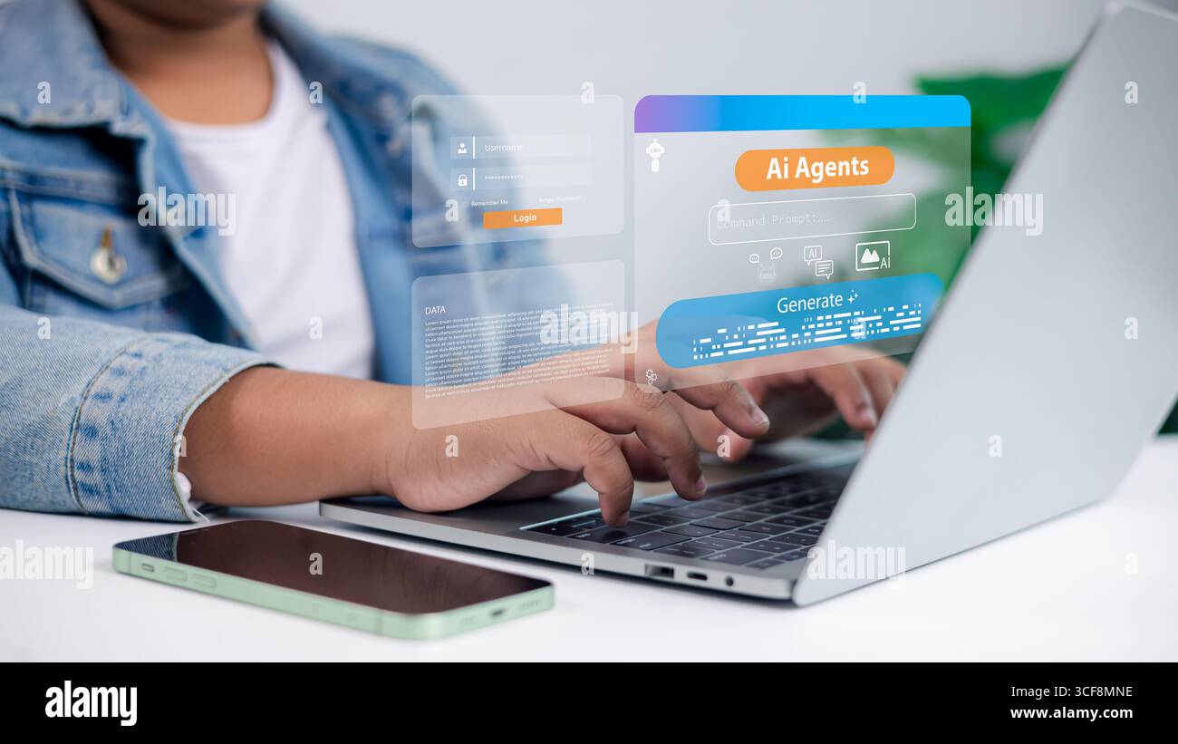 Intelligenza artificiale, innovazione, tecnologia futuristica, assistente digitale, business e concetto di elaborazione dati. Persona che digita sul notebook con holo Foto Stock