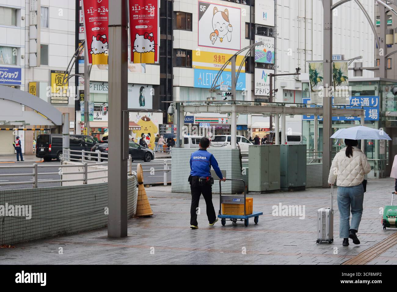 TOKYO, GIAPPONE - 21 novembre 2024: Via a Ueno con striscioni su un lampione che pubblicizza una mostra del Tokyo National Museum su Hello Kitty. Foto Stock