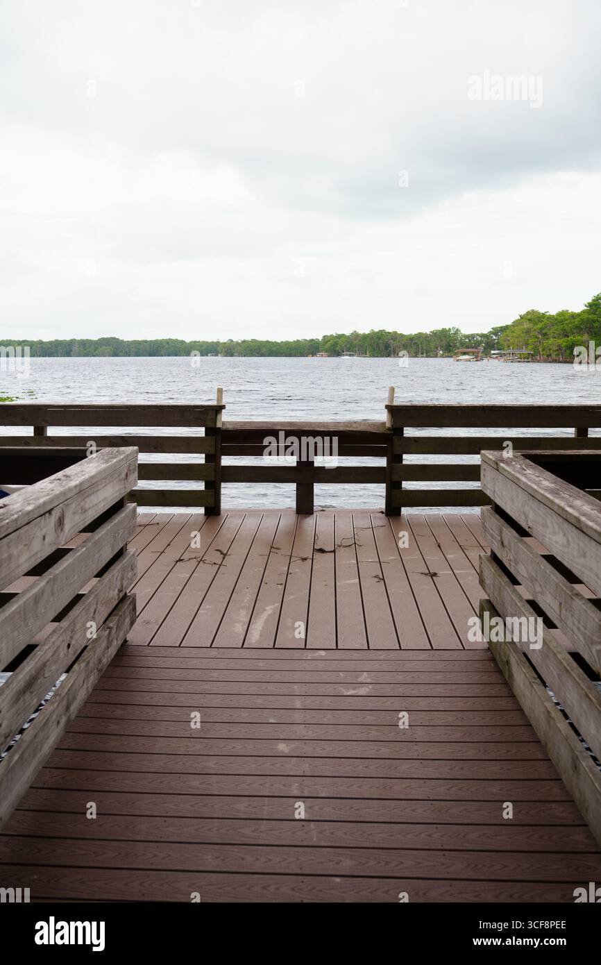 Passerella in legno con ringhiera che si affaccia su un lago calmo sotto un cielo coperto in un tranquillo ambiente naturale. Foto Stock