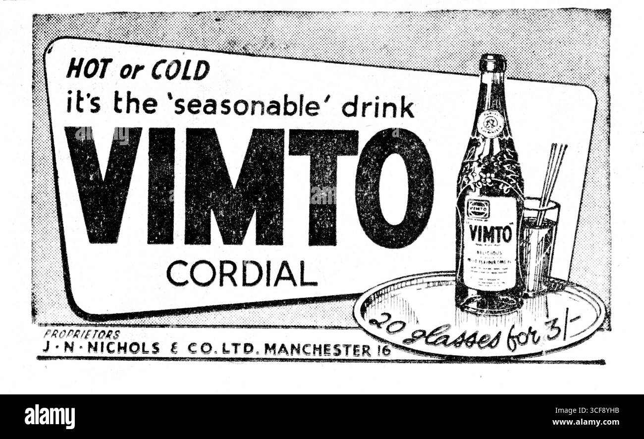 Vimto Cordial, la bevanda stagionale. 20 bicchieri per 3/- (15p). Annuncio pubblicitario di dicembre 1953 su Birmingham paper. J N Nichols & Company, Manchester 16 Foto Stock