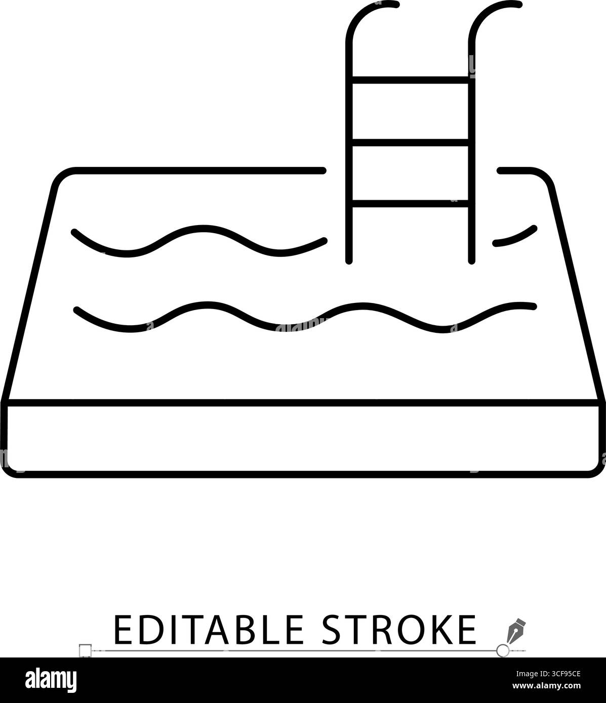 Icona della linea della piscina con tratto modificabile. Profilo vettoriale della piscina con onde d'acqua e scala. Simbolo minimalista per hotel, resort e svago Illustrazione Vettoriale