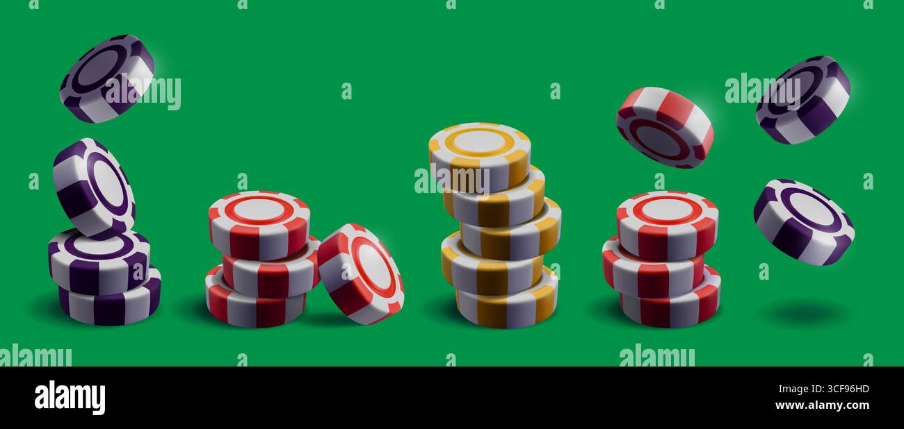 Collezione di rendering 3d con chip del casinò con chip colorati impilati e fluttuanti per giocare d'azzardo o scommettere su sfondo verde. Gettoni di gioco professionali realizzati da un artista digitale per uso commerciale Illustrazione Vettoriale
