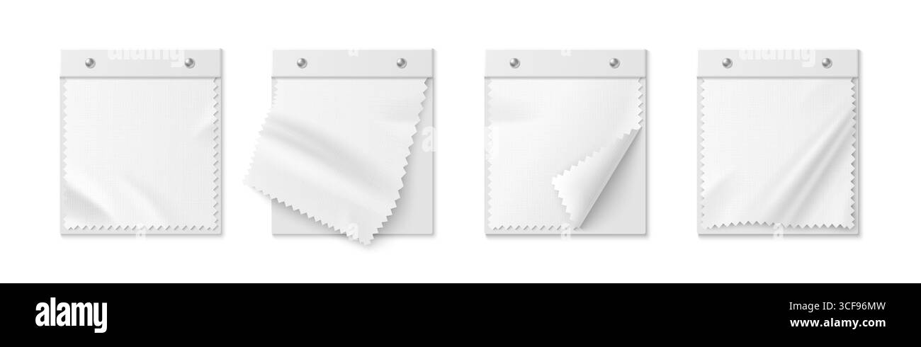 Set di campioni di tessuto bianco con motivo a zig-zag. Pezzi in tela vuota con angoli ripiegati per cataloghi di design per presentazioni alla moda o portafogli di decorazioni per interni. Illustrazione Vettoriale