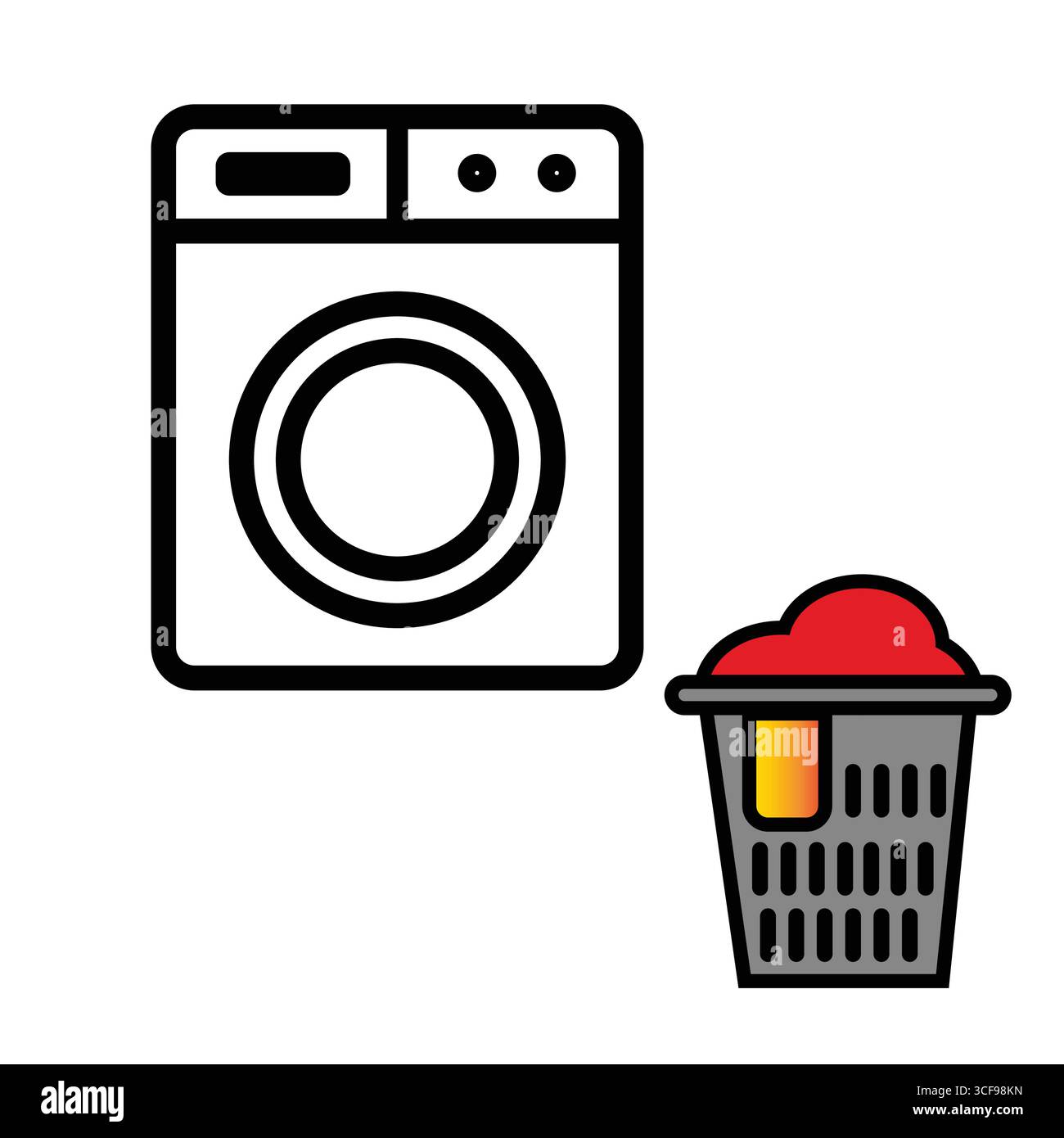 Semplice icona di una lavatrice e di un cesto per la lavanderia pieno di vestiti, che rappresenta il giorno della lavanderia e le faccende domestiche. Illustrazione Vettoriale