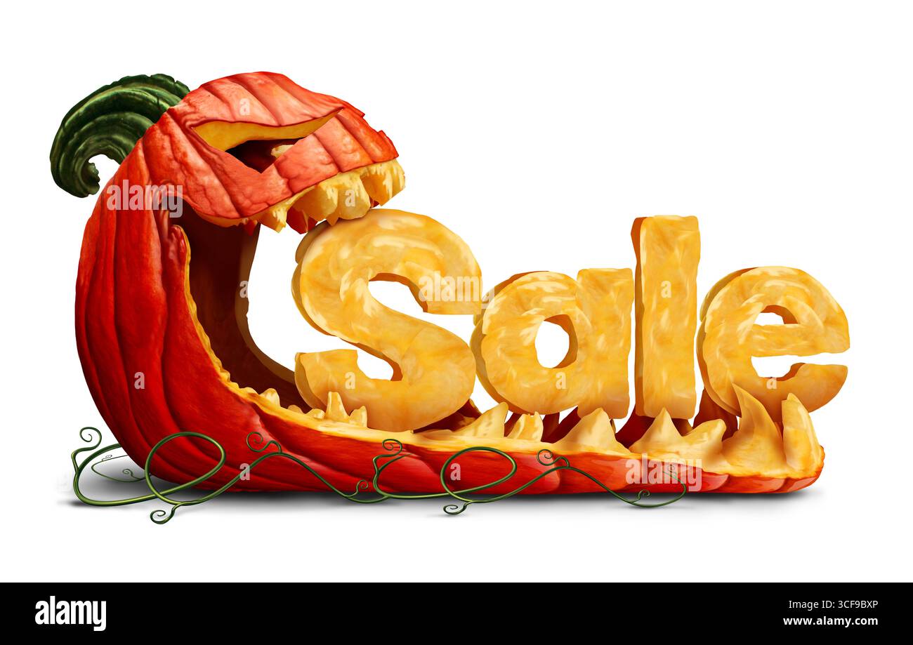 Icona dei saldi di Halloween nei panni di una zucca Jack o Lanterna nei panni di un personaggio arancione divertente e spettrale con testo scolpito come stagione autunnale o messaggio di marketing autunnale Foto Stock