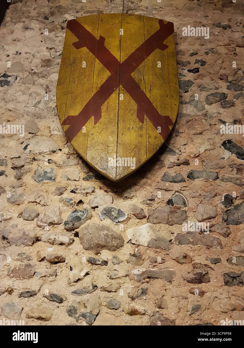 Uno scudo medievale appeso su un muro di un castello. Foto Stock