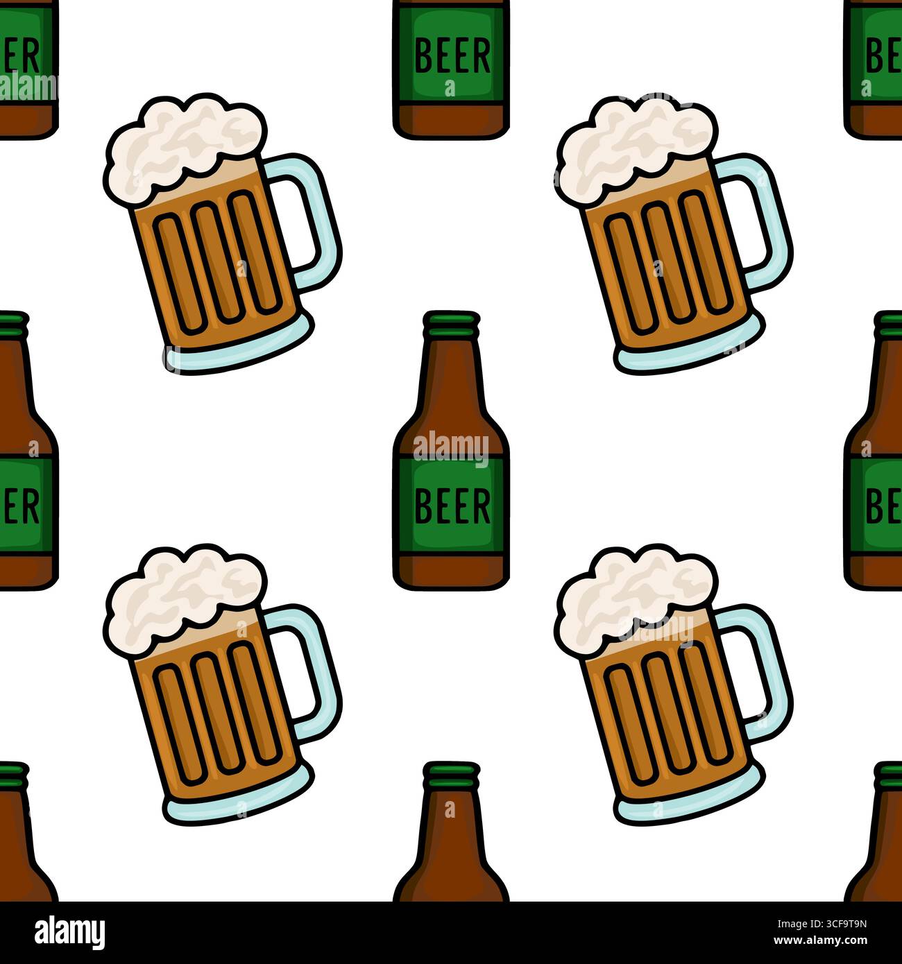 Motivo vettoriale senza cuciture con una divertente illustrazione di tazze e bottiglie di birra, perfetto per l'Oktoberfest o per design a tema birreria, con un outli audace Illustrazione Vettoriale
