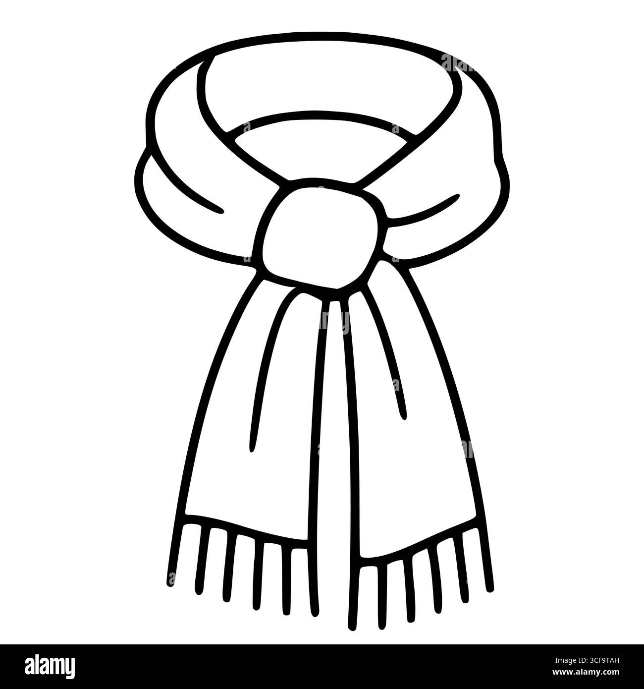 Elegante illustrazione vettoriale di una sciarpa disegnata a mano con un nodo unico e estremità con frange, caratterizzata da un design minimalista in bianco e nero. Illustrazione Vettoriale