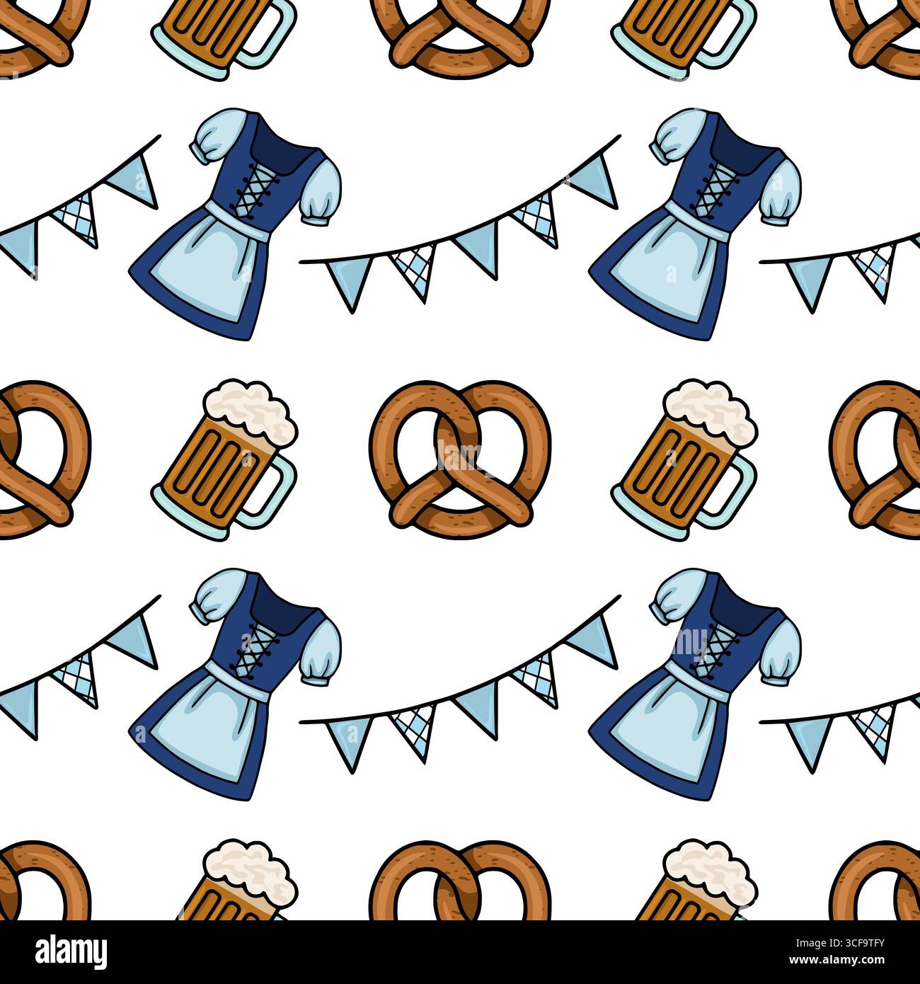 Motivo vettoriale senza cuciture con elementi dell'Oktoberfest, tazze da birra, pretzel, abiti in dirndl e accatastamento natalizio, per creare un'atmosfera allegra e vivace Illustrazione Vettoriale