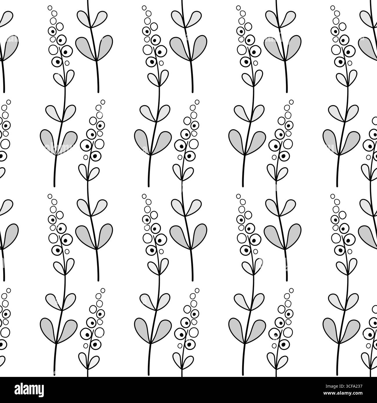 Fiori fantasia lunghi e curvi con contorno nero chiaro. Motivo floreale monocromatico senza cuciture in stile zentangle. Ornamento decorativo a luce isolata Illustrazione Vettoriale