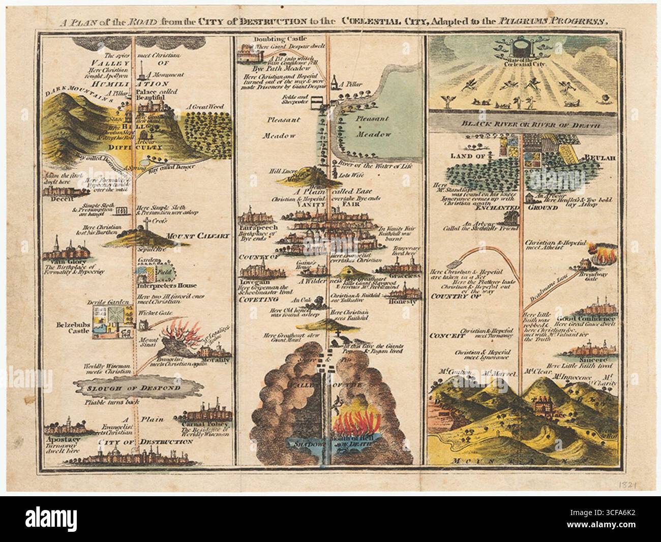 Illustrazione allegorica del progresso del Pellegrino di John Bunyan, che mostra il viaggio del pellegrino cristiano dalla città della distruzione alla città Celeste. Incisione pubblicata nel 1821, ricca di immagini cristiane simboliche e temi morali. Foto Stock