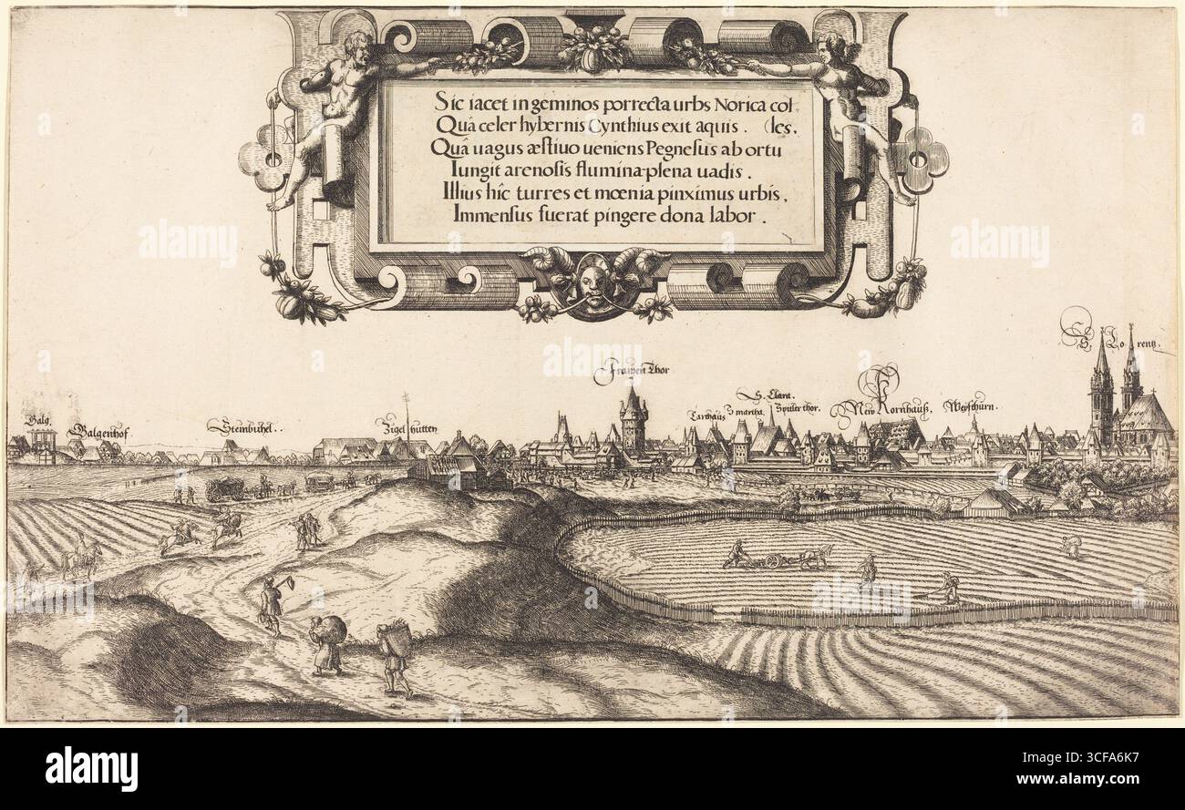 Foto storica d'epoca della sezione sinistra di "Vista di Norimberga da est", che mostra parte dello skyline, delle fortificazioni e degli edifici della città tedesca del XVI secolo. Originariamente creato da Anton Woensam. Germania. Intorno al 1530. Foto Stock