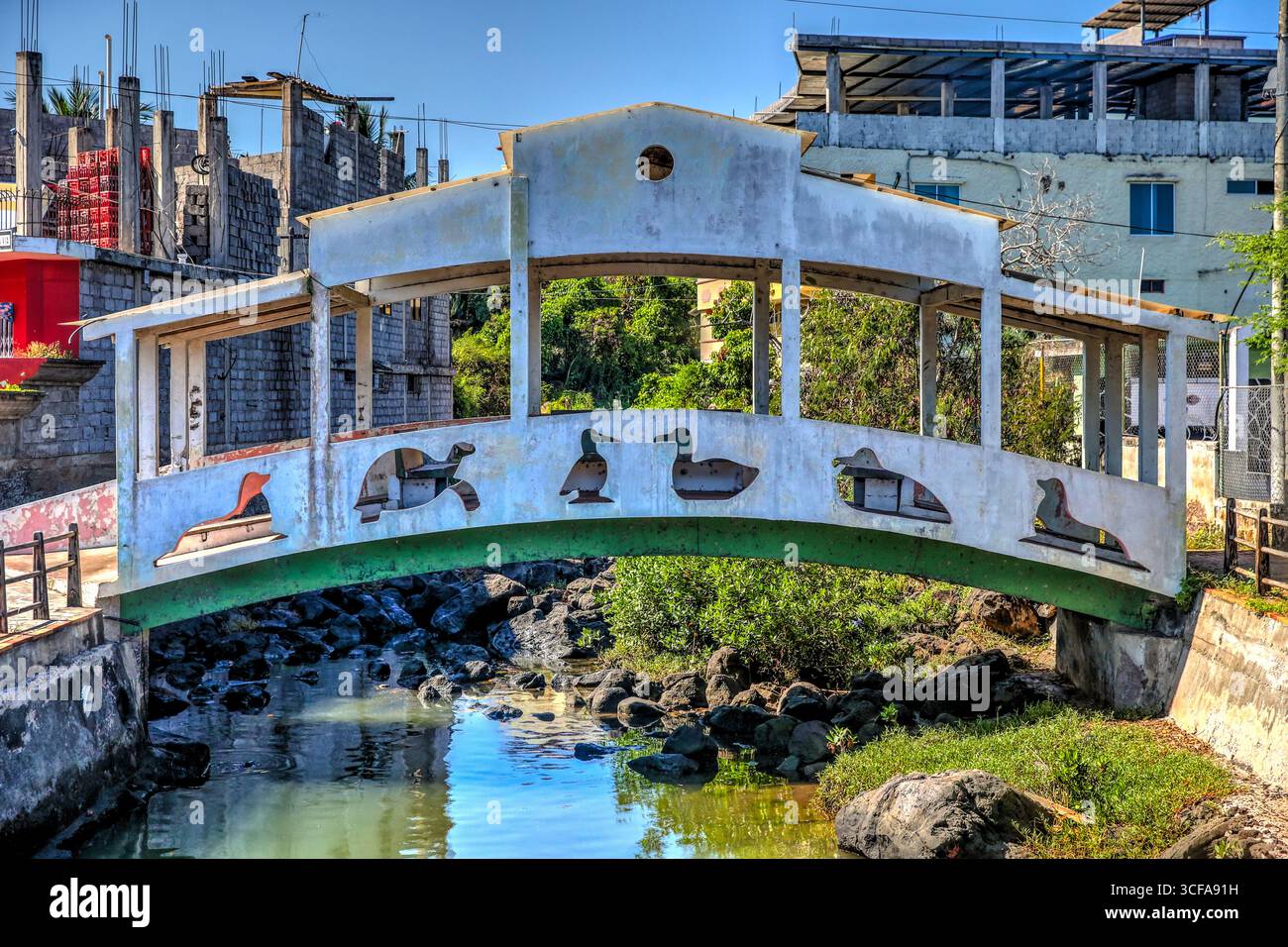 Isola di San Cristóbal, Isole Galápagos, Ecuador: 29 marzo 2018: Ponte pedonale decorato con sagome dipinte della fauna selvatica di Galápagos. Foto Stock